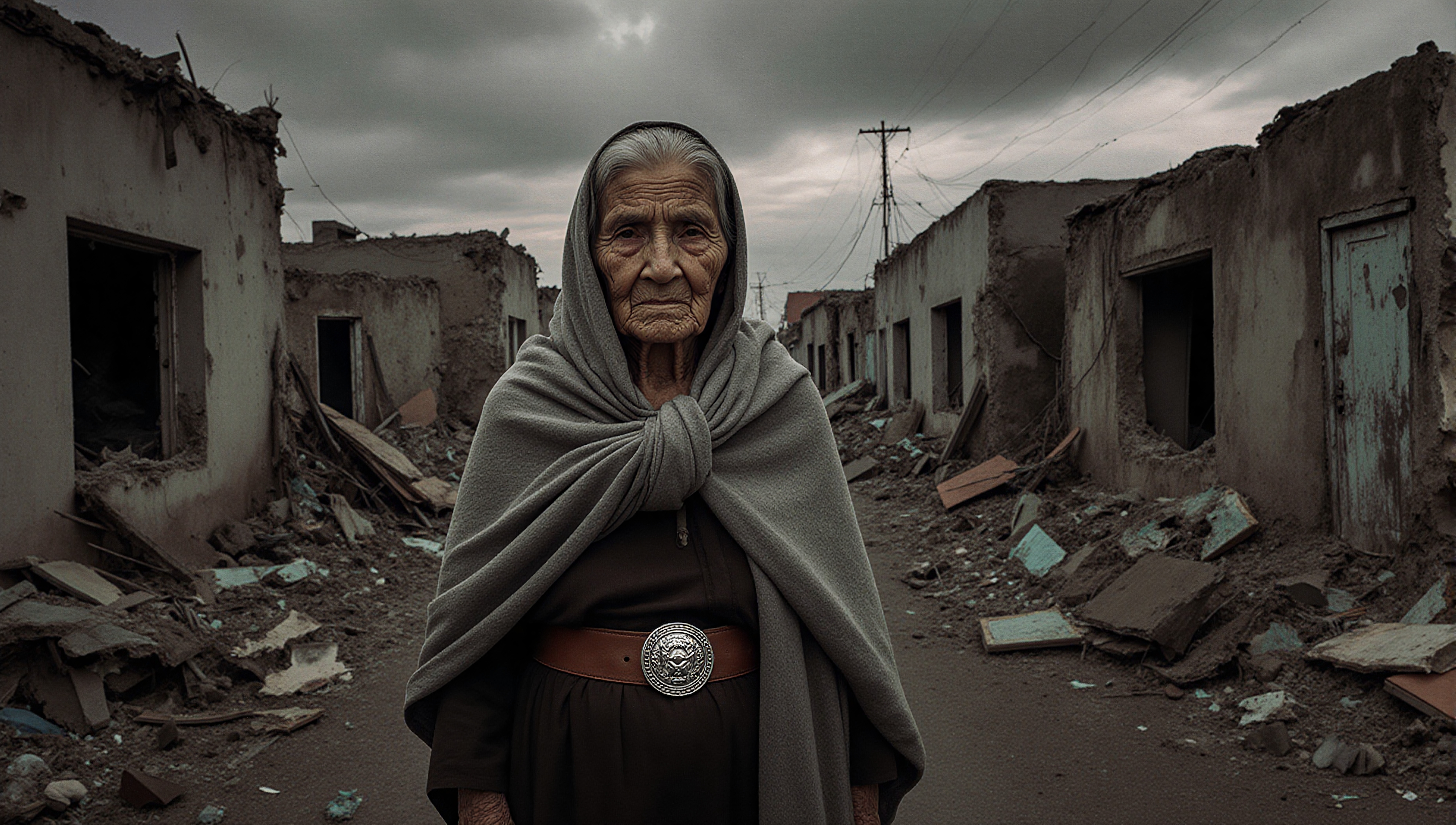 An elderly woman stands solemnly amidst the ruins of an abandoned town under an overcast sky.