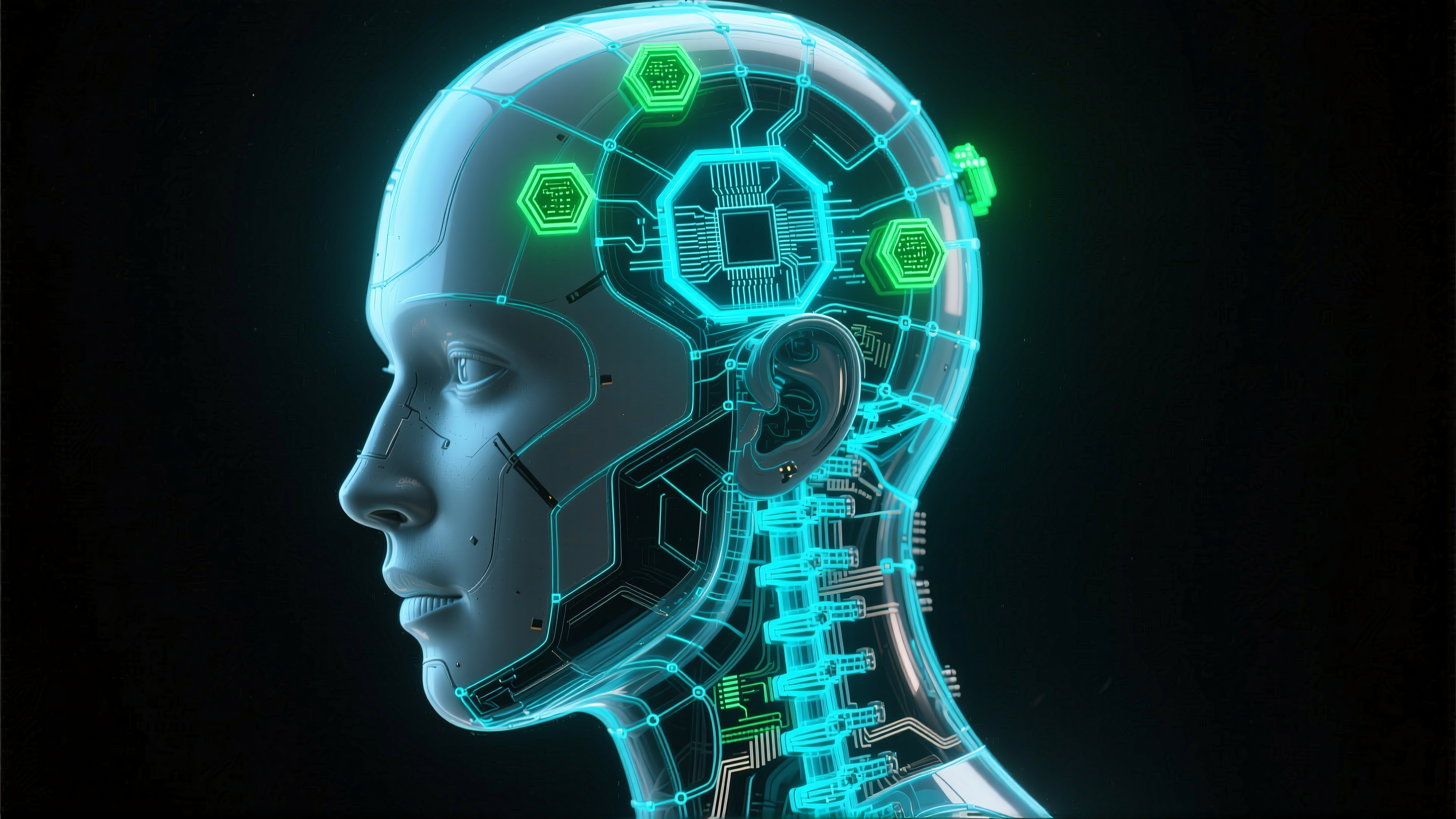 Side profile of a humanoid robot with glowing, intricate circuit patterns and a futuristic design against a dark background.