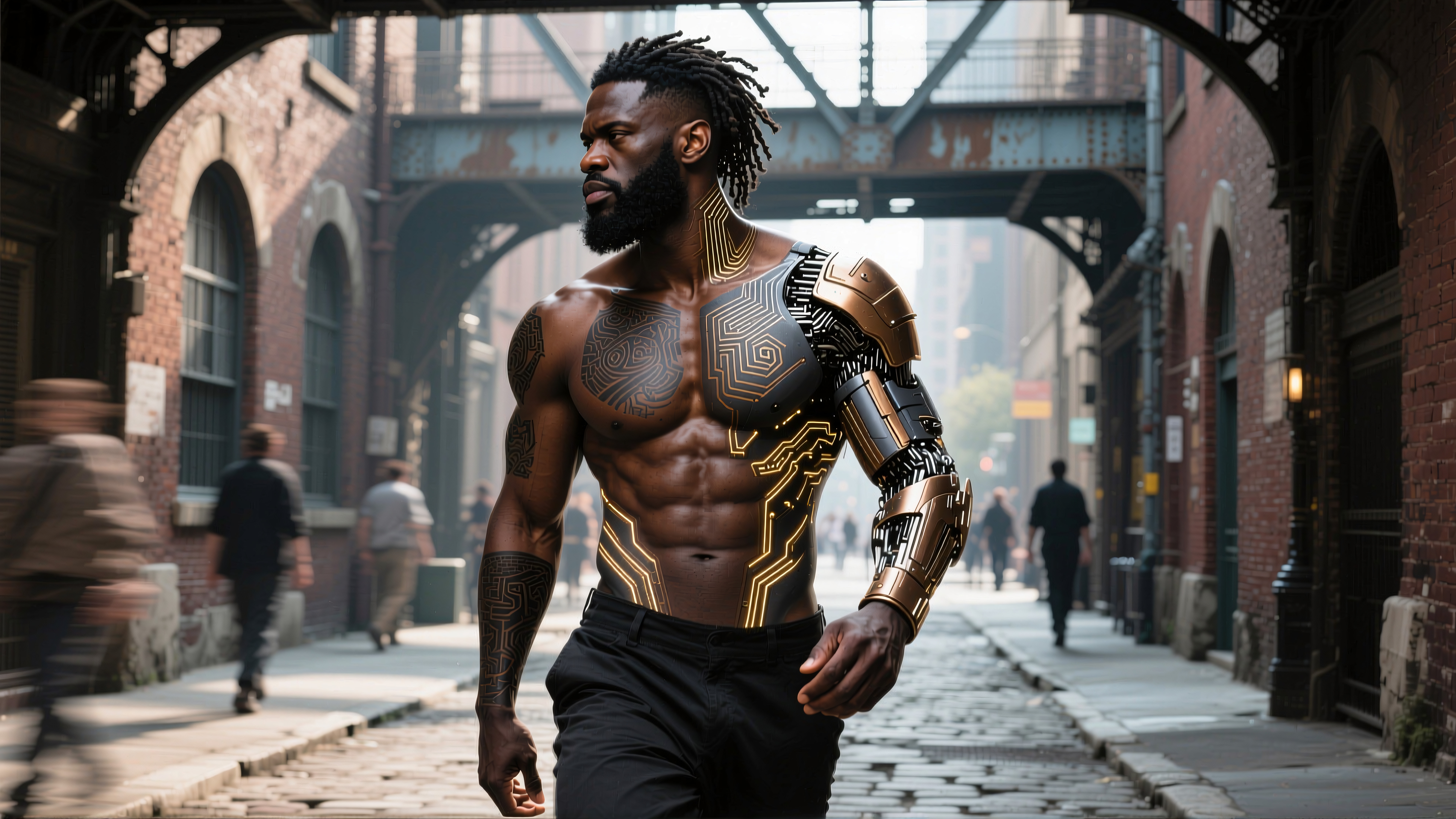 A muscular man with glowing cybernetic tattoos walks through a historic street in futuristic art style.