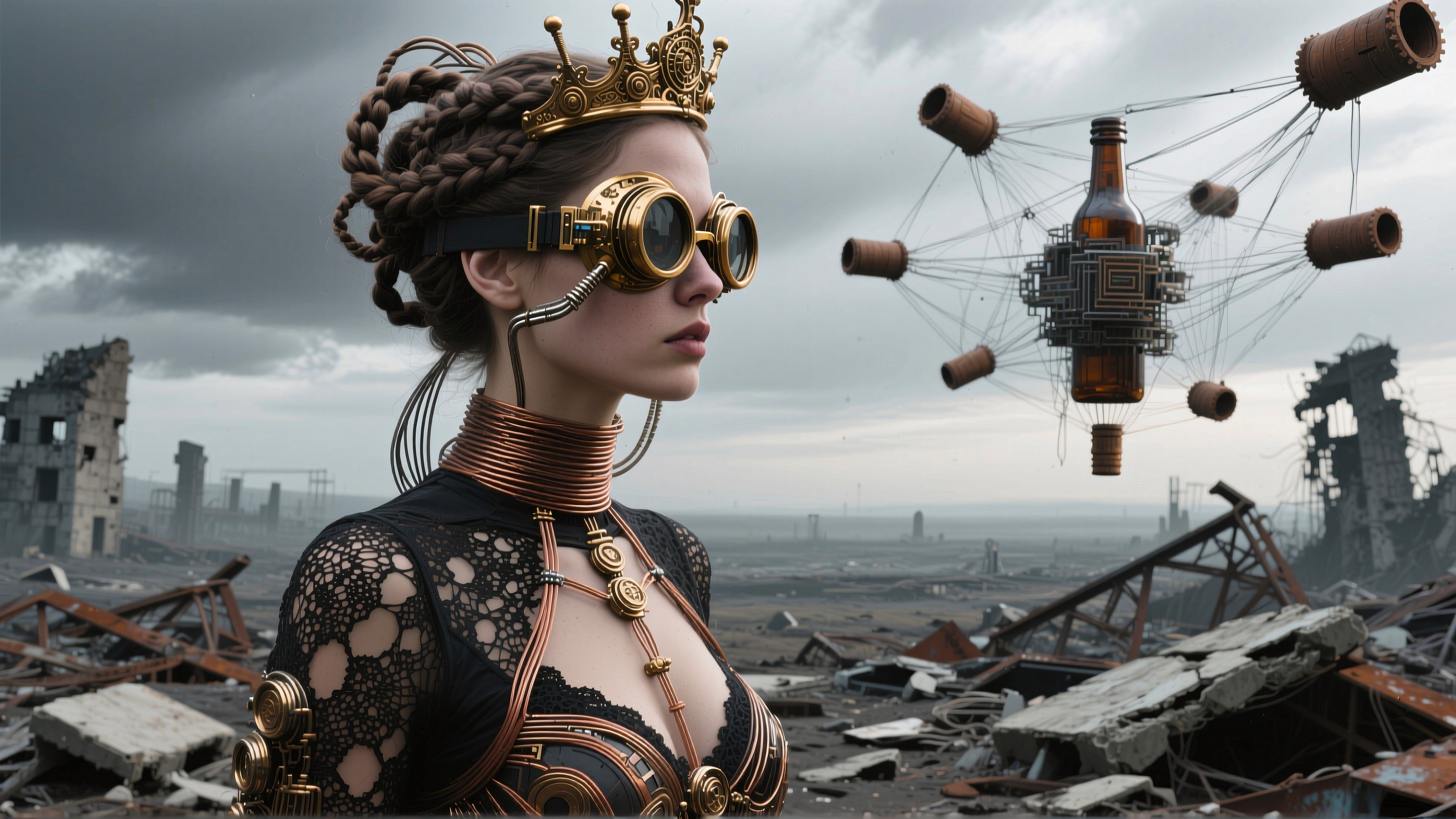 Steampunk queen in a dystopian landscape.