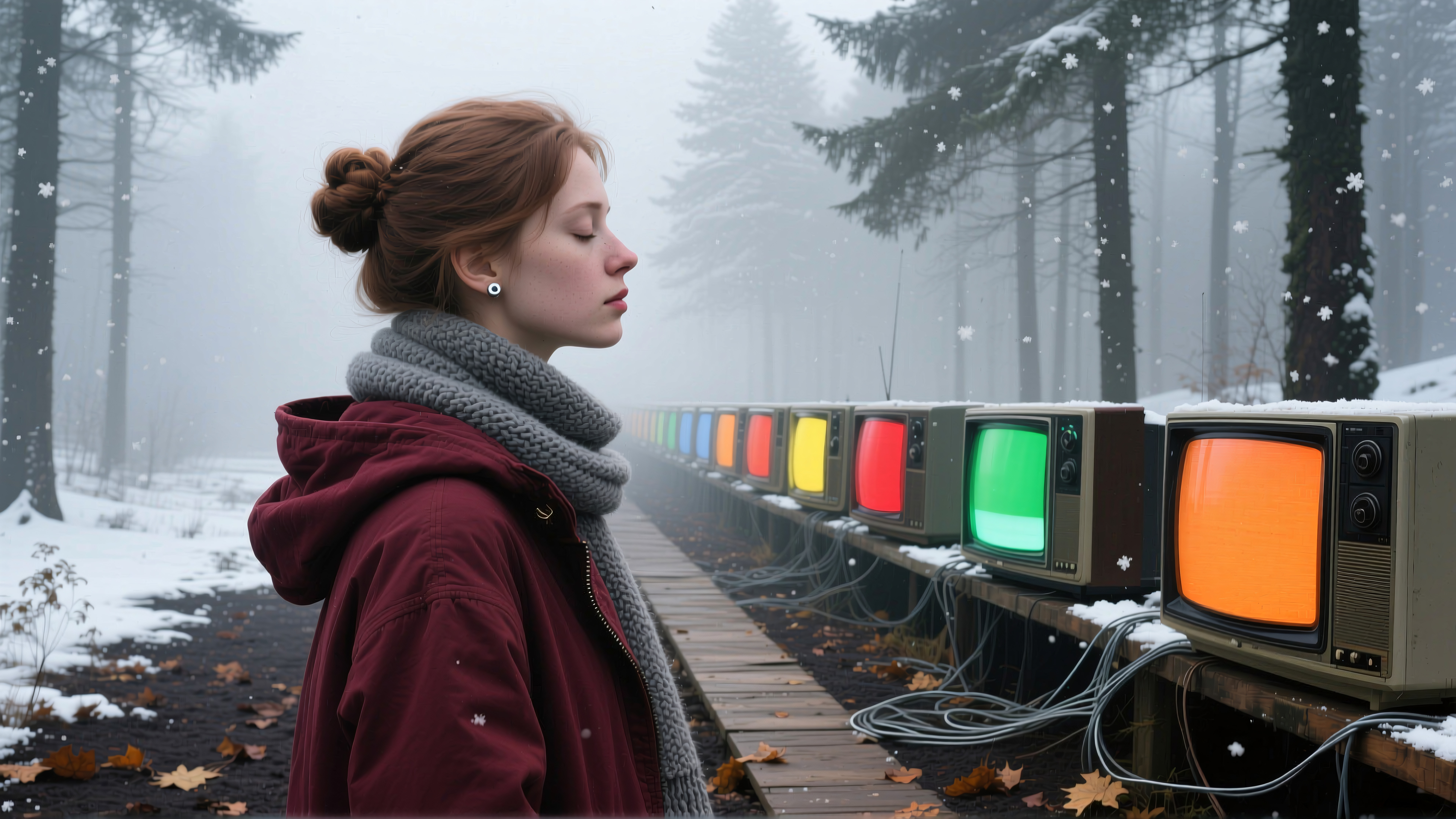 Young woman in a snowy forest with colorful vintage televisions displaying vibrant screens.