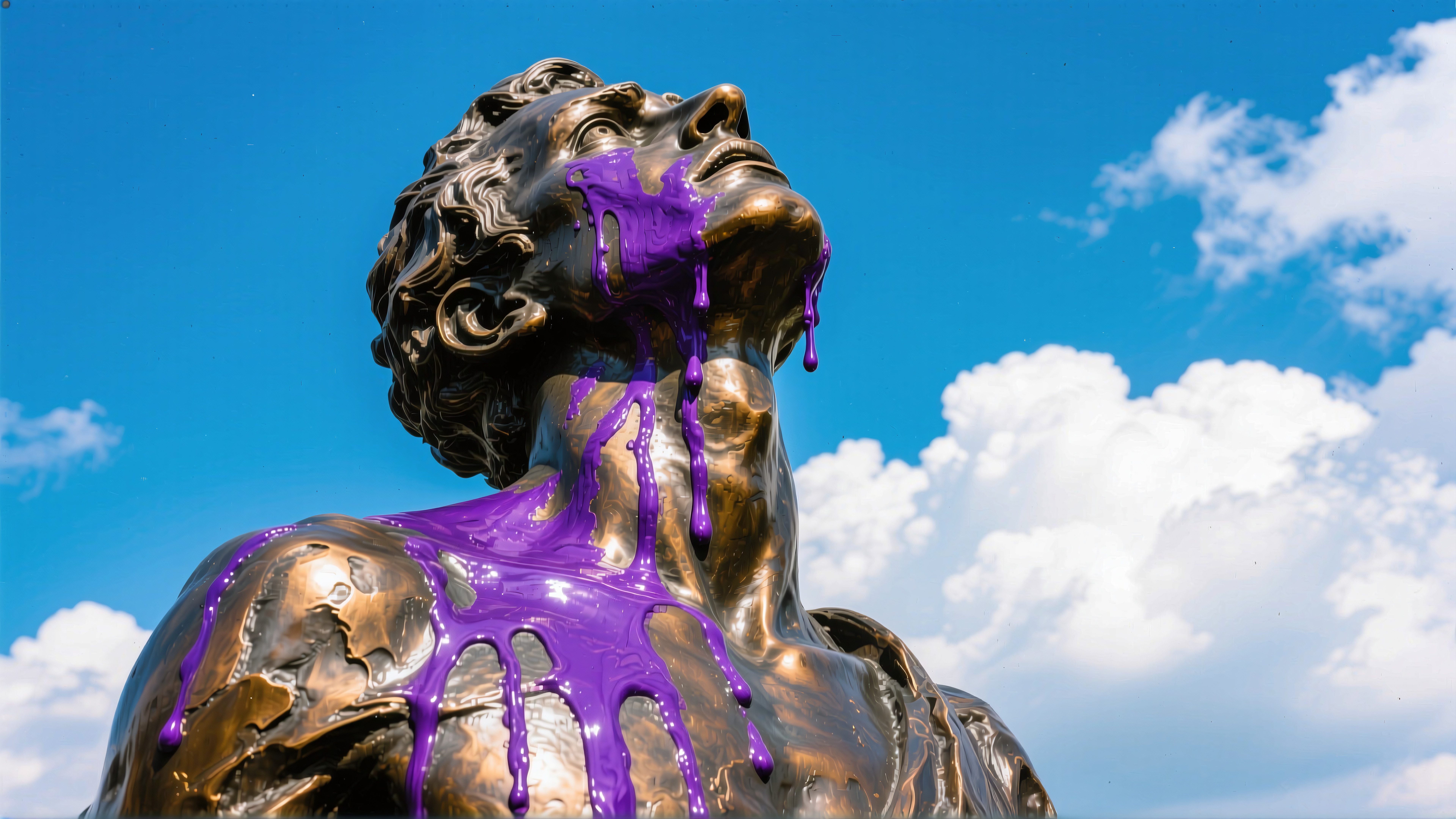 Bronze statue covered in vibrant purple paint dripping downward under clear blue skies with puffy clouds