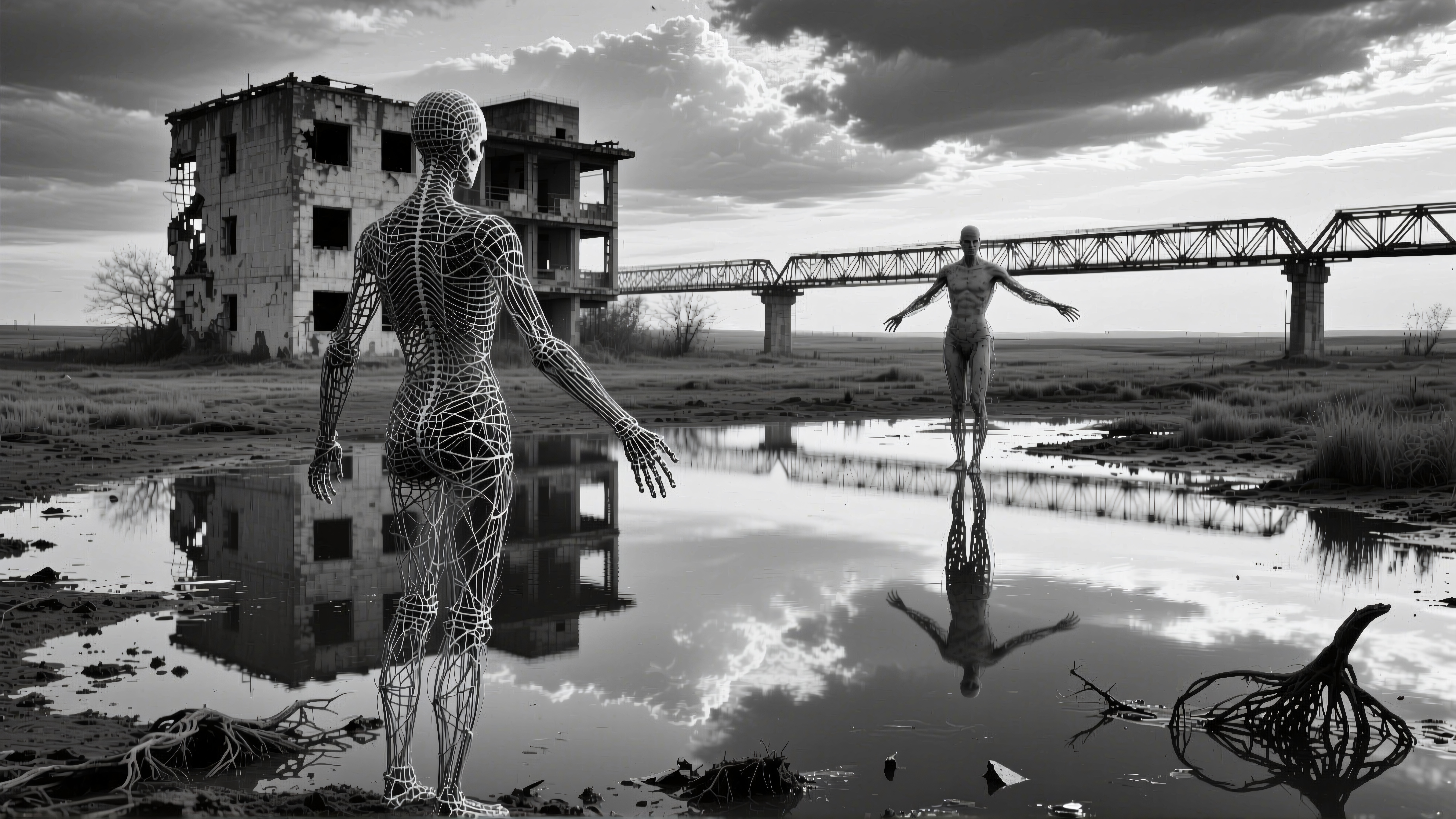 Two wireframe humanoids face each other near a reflective body of water with a desolate, industrial backdrop and dramatic cloudy skies.