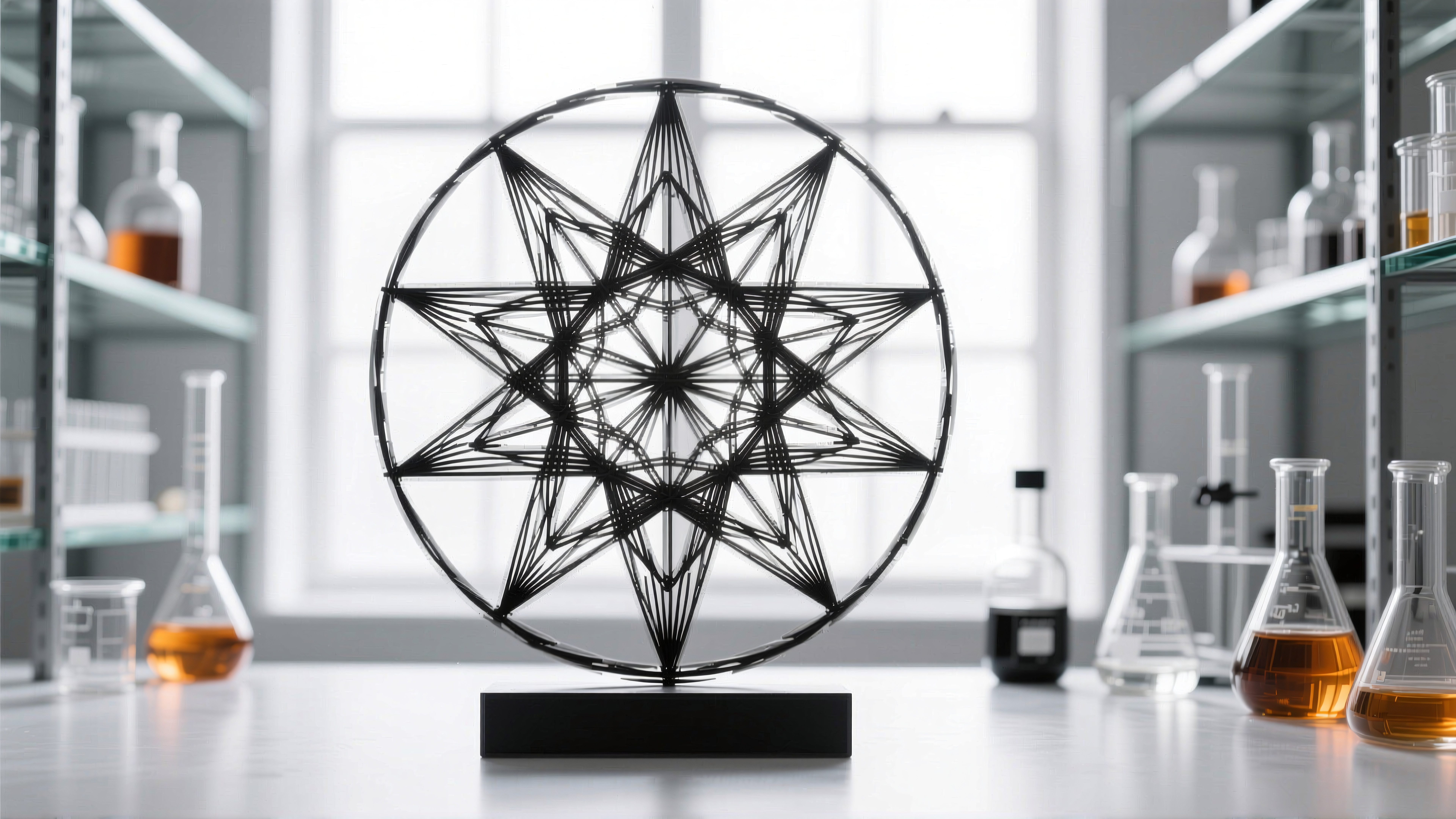 Geometric string art piece on laboratory table with scientific backdrop.