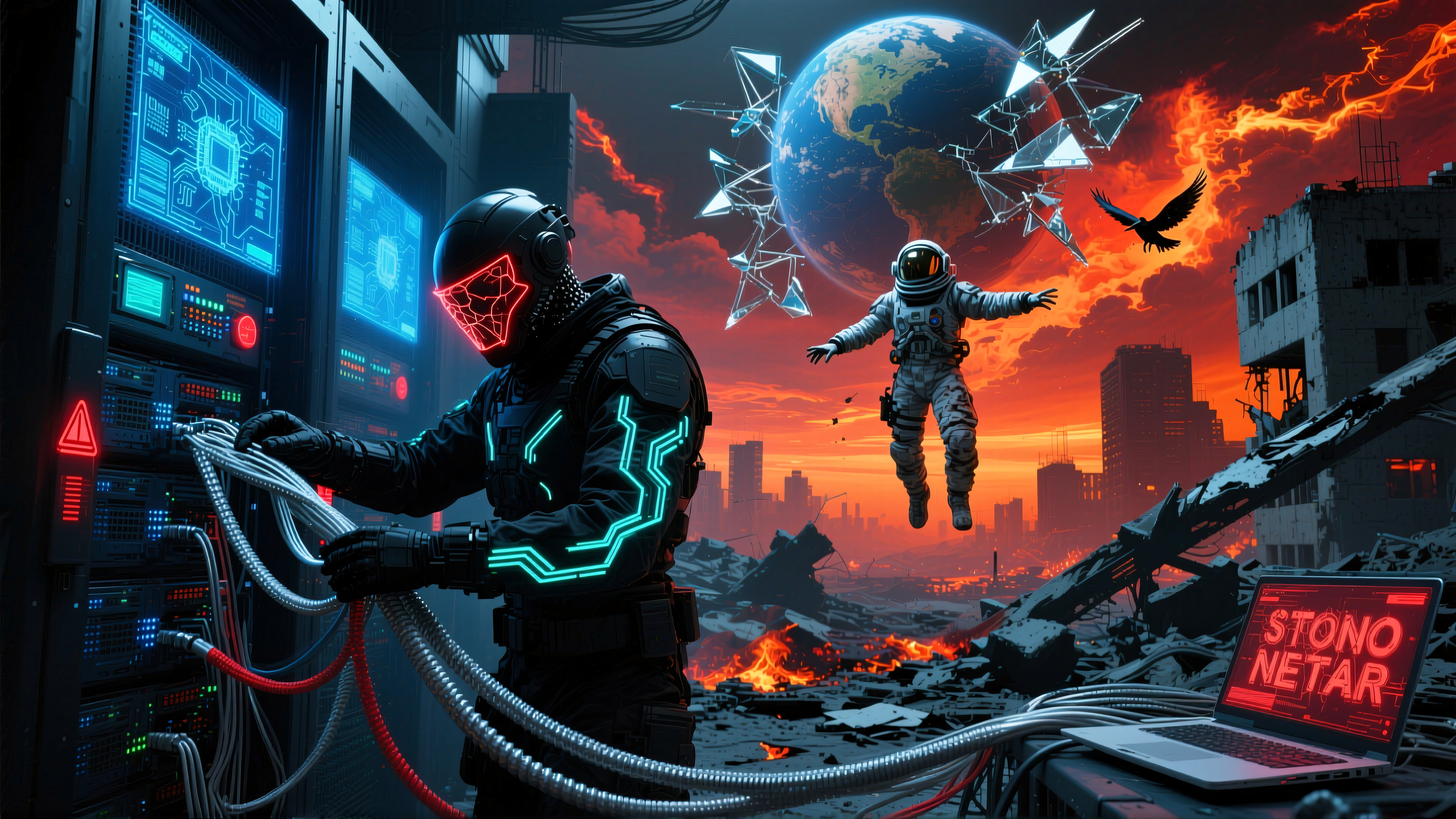 Cyberpunk Tech Artist Working Amid Post-Apocalyptic World with F