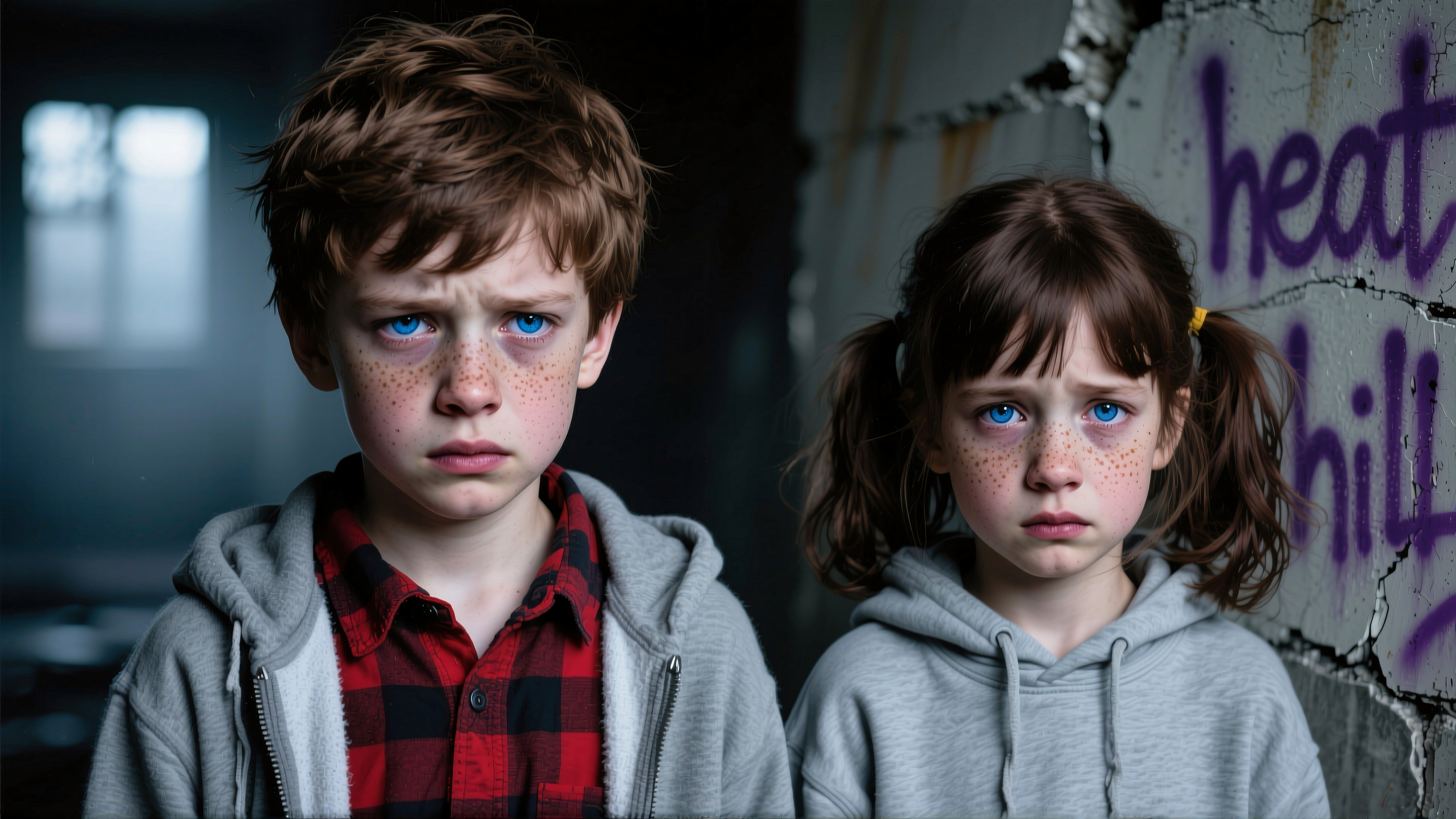 Sad siblings in rundown urban setting wearing hoodies