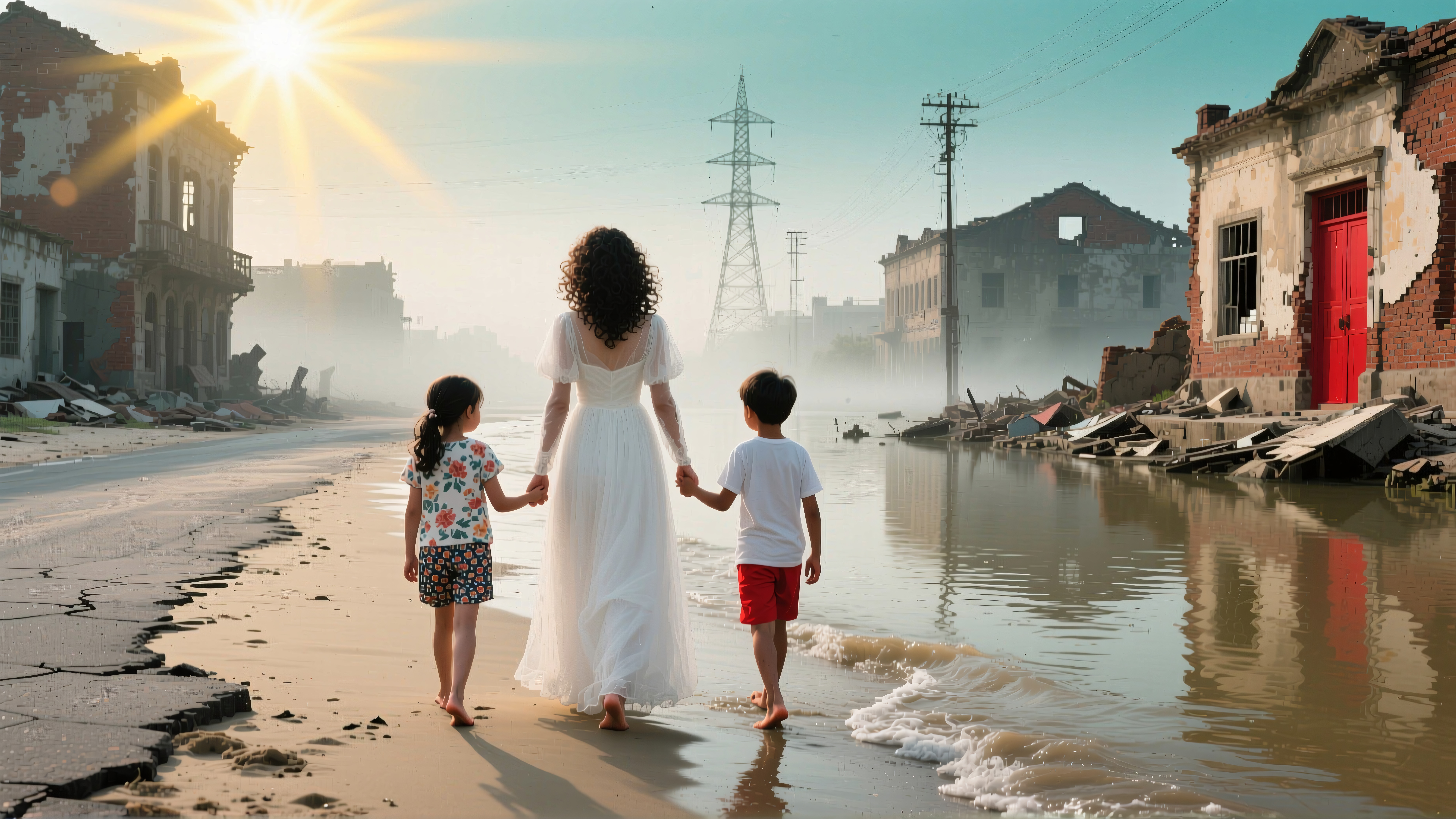A woman and two children walk along a flooded, sunlit street between ruined buildings, capturing a scene of resilience and hope.