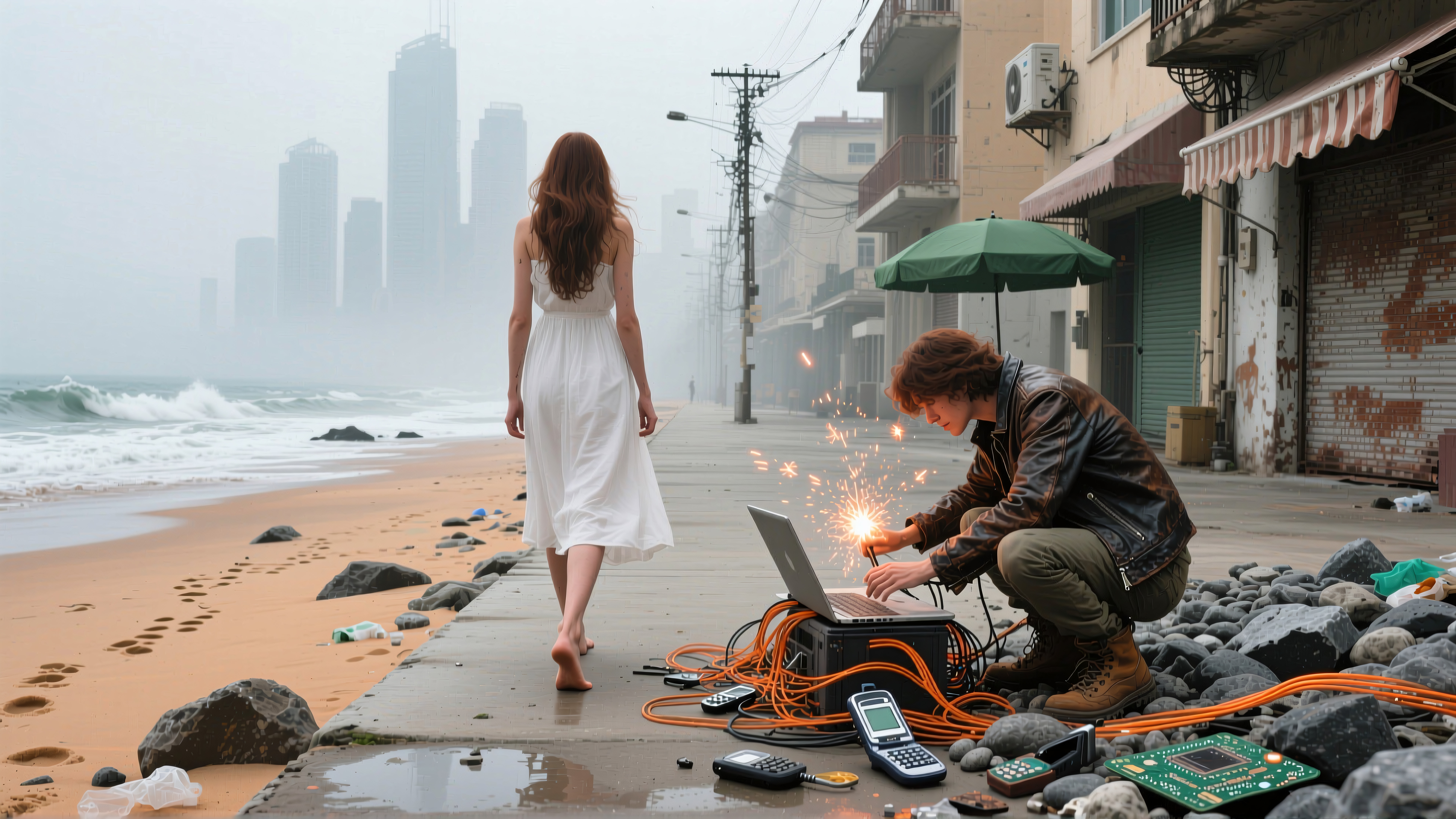 A barefoot woman walks on a misty beach beside a man repairing electronics.