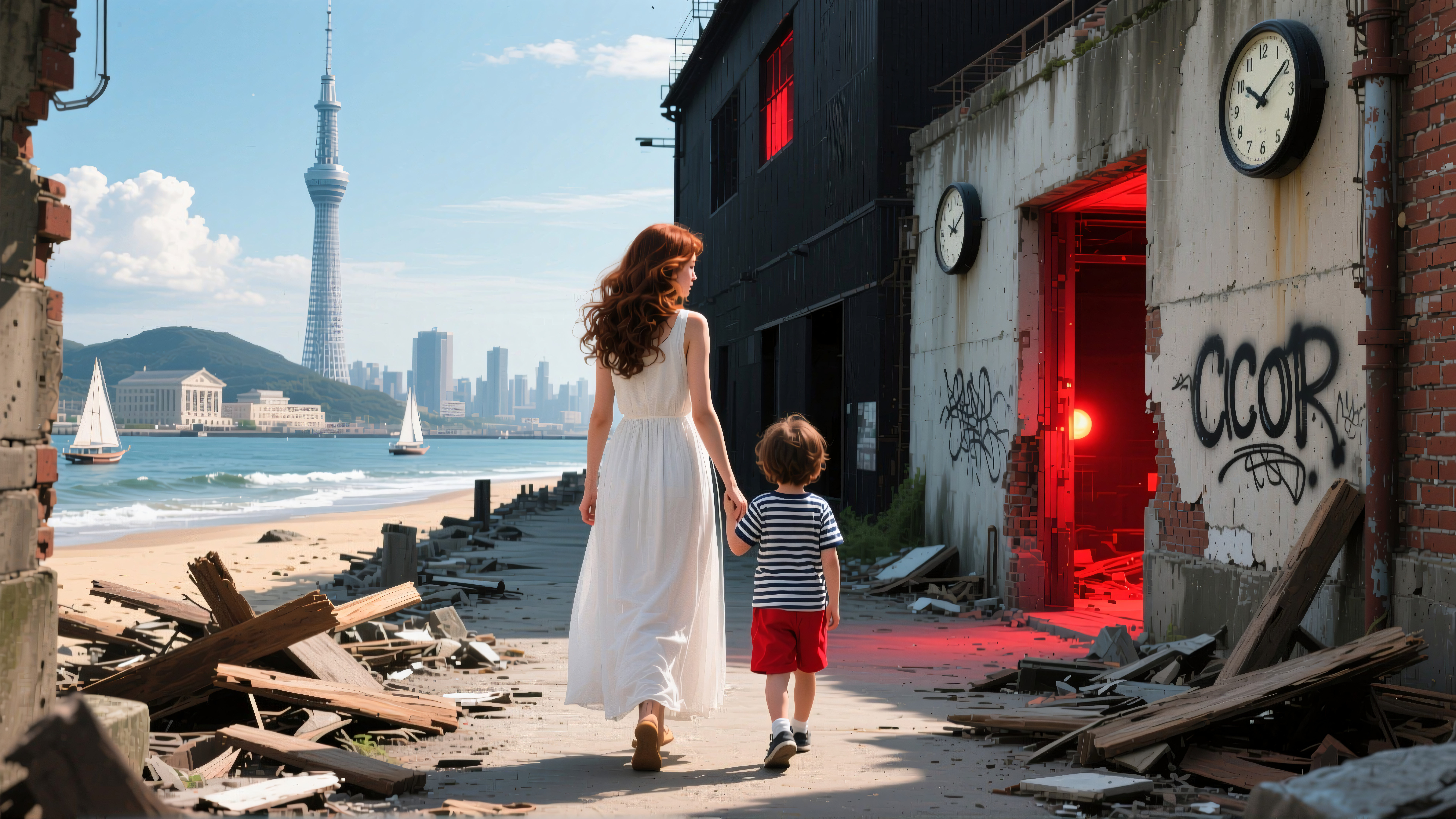 Mother and child walking through urban ruins with a city skyline