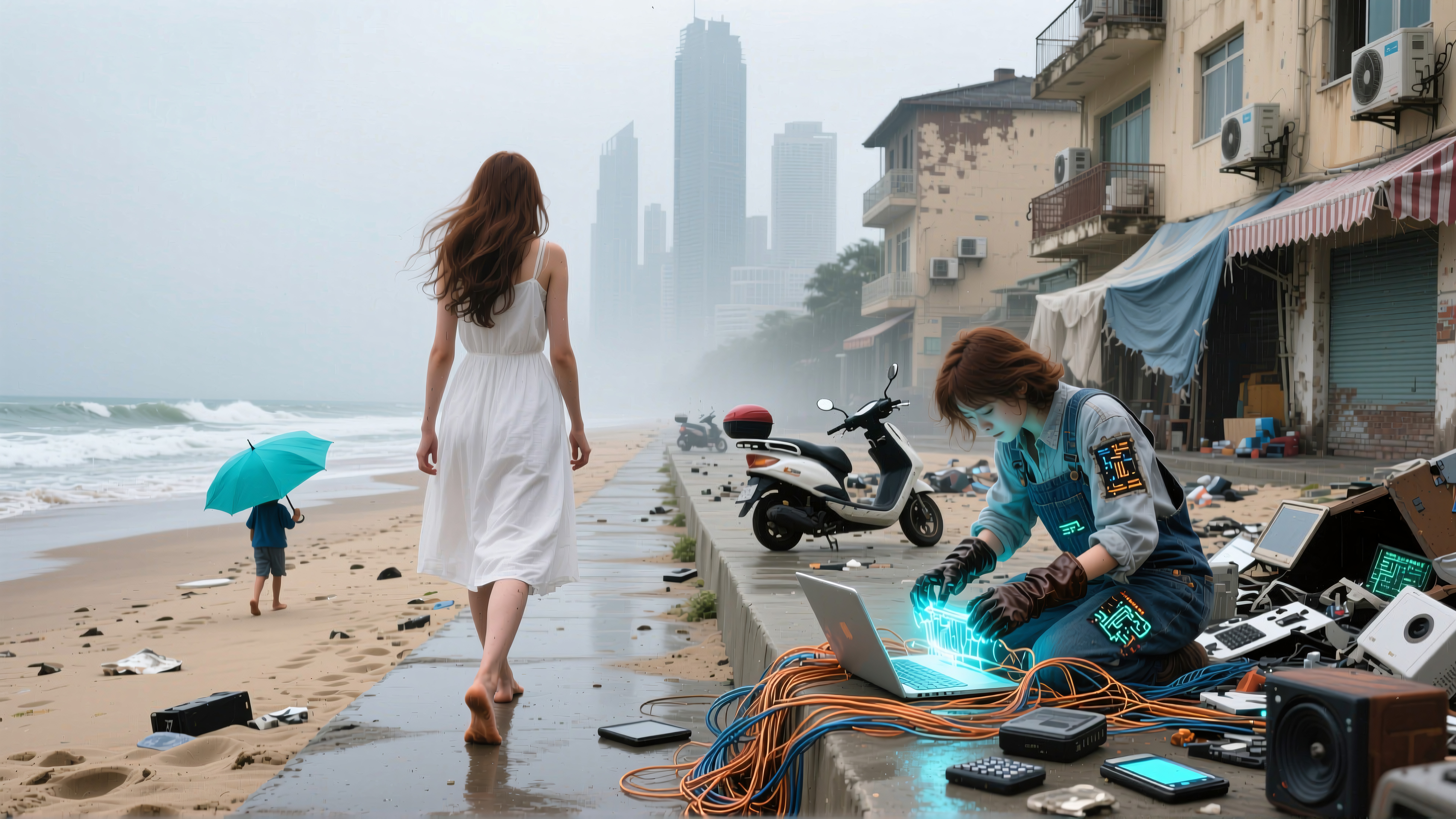 A woman in white walks along a tech-laden beach with a foggy cityscape backdrop.