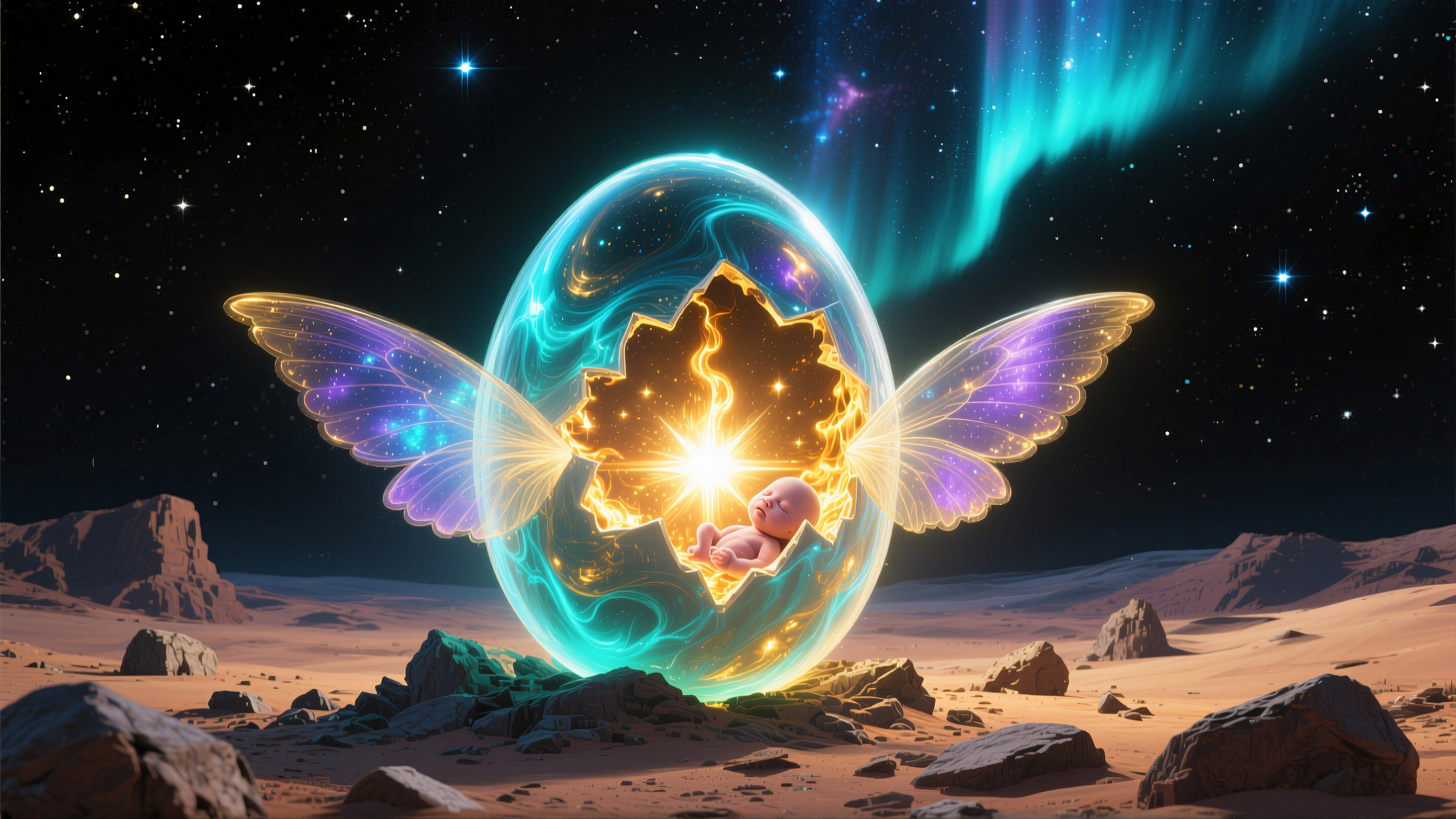 Cosmic Newborn in Glowing Egg with Aurora Borealis Over Desert