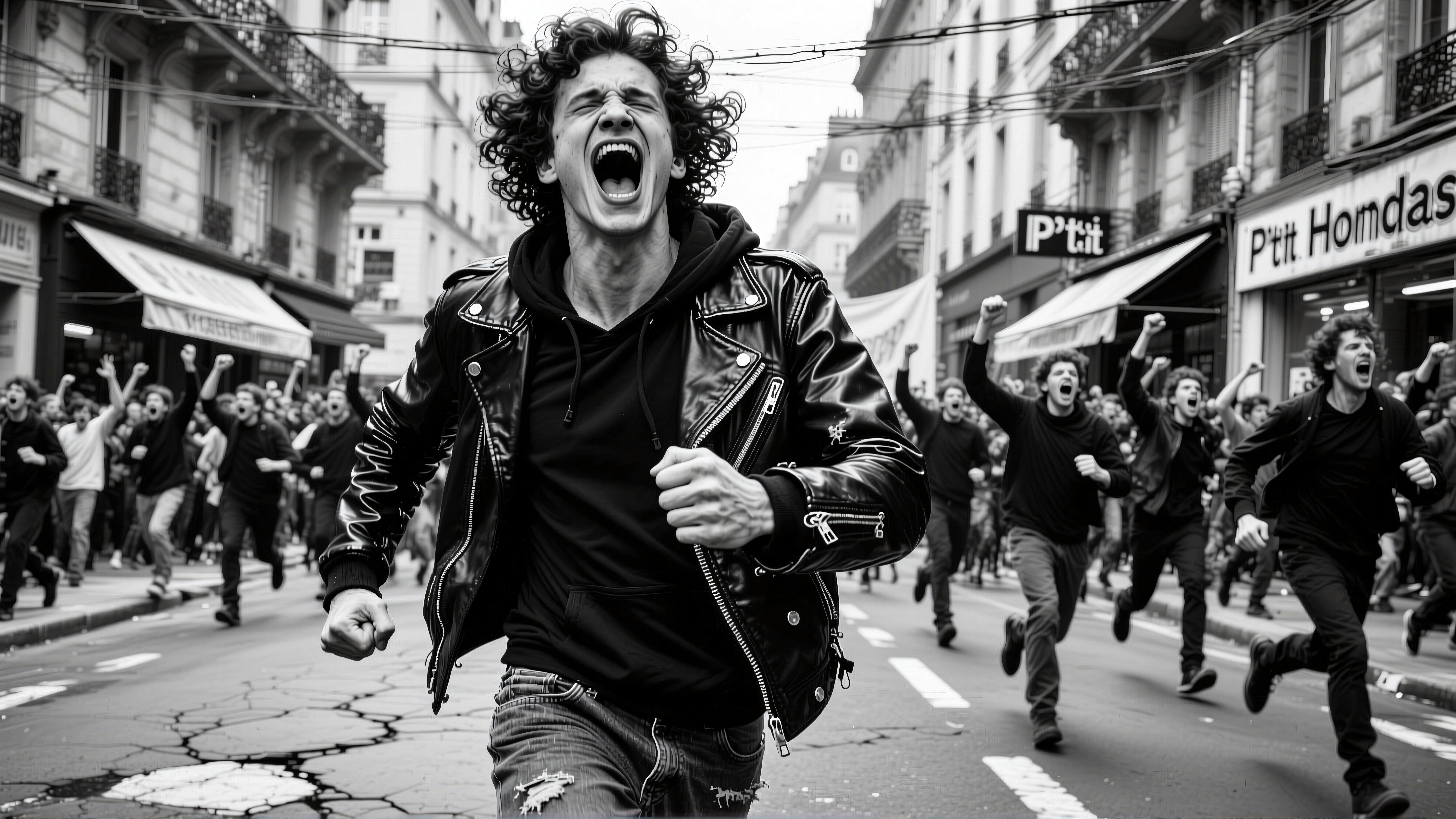 A dynamic black and white photo showing a young man leading a protest, expressing determination amidst a crowd in an urban setting.
