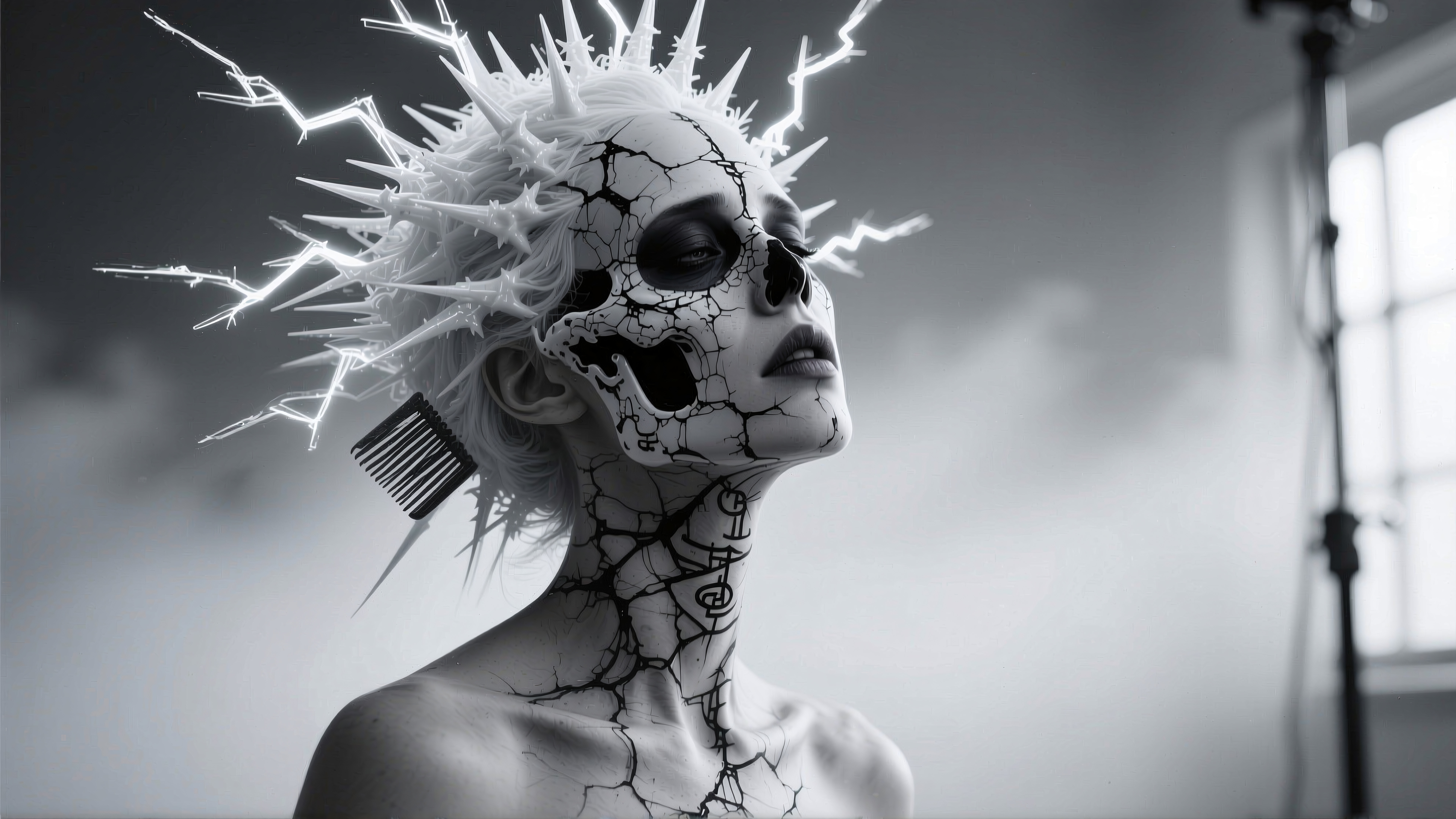 Woman with cracked skull and spiked hair posing dramatically in monochromatic artistic photo