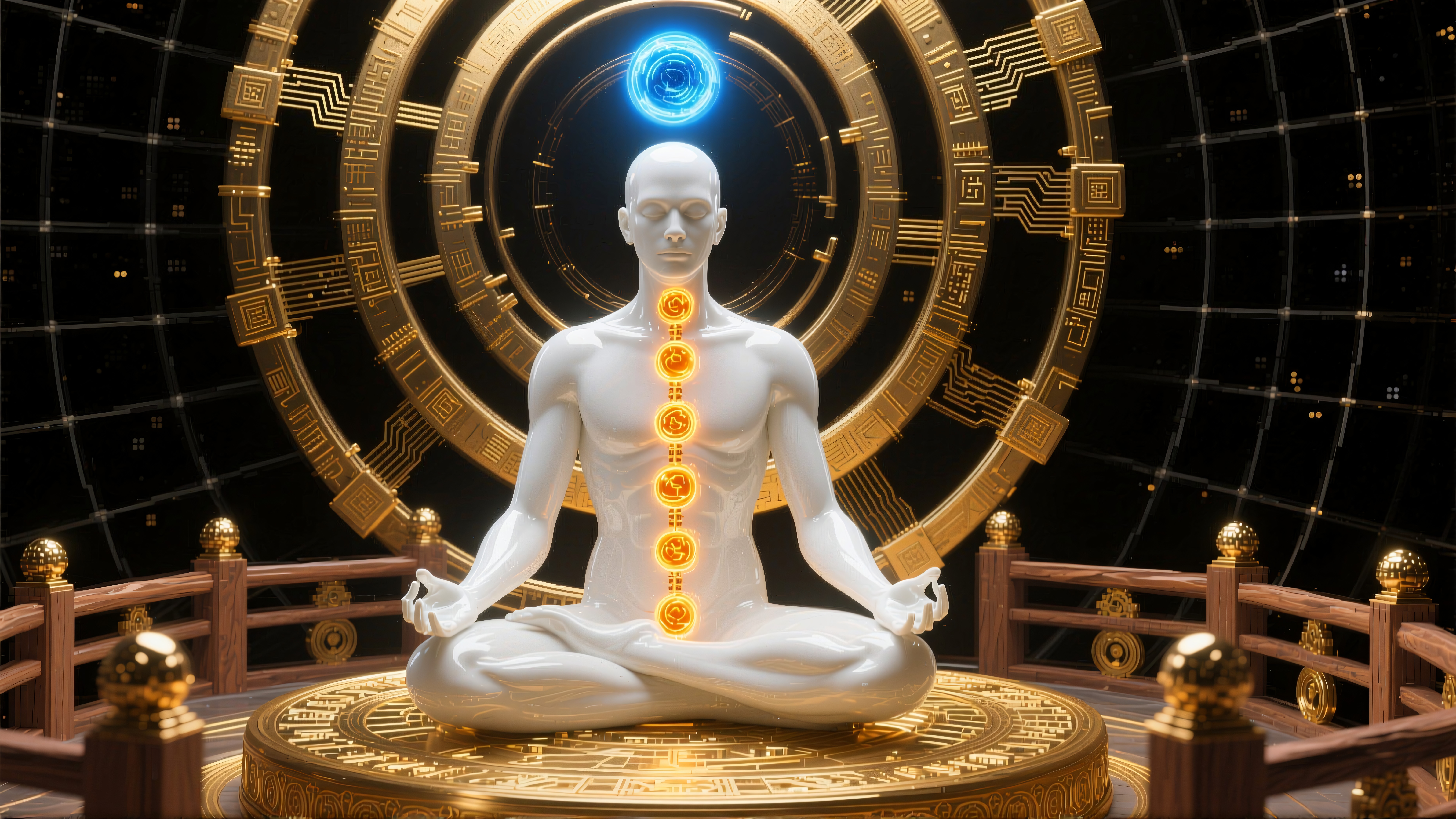 A glowing humanoid meditating amidst cosmic energy.