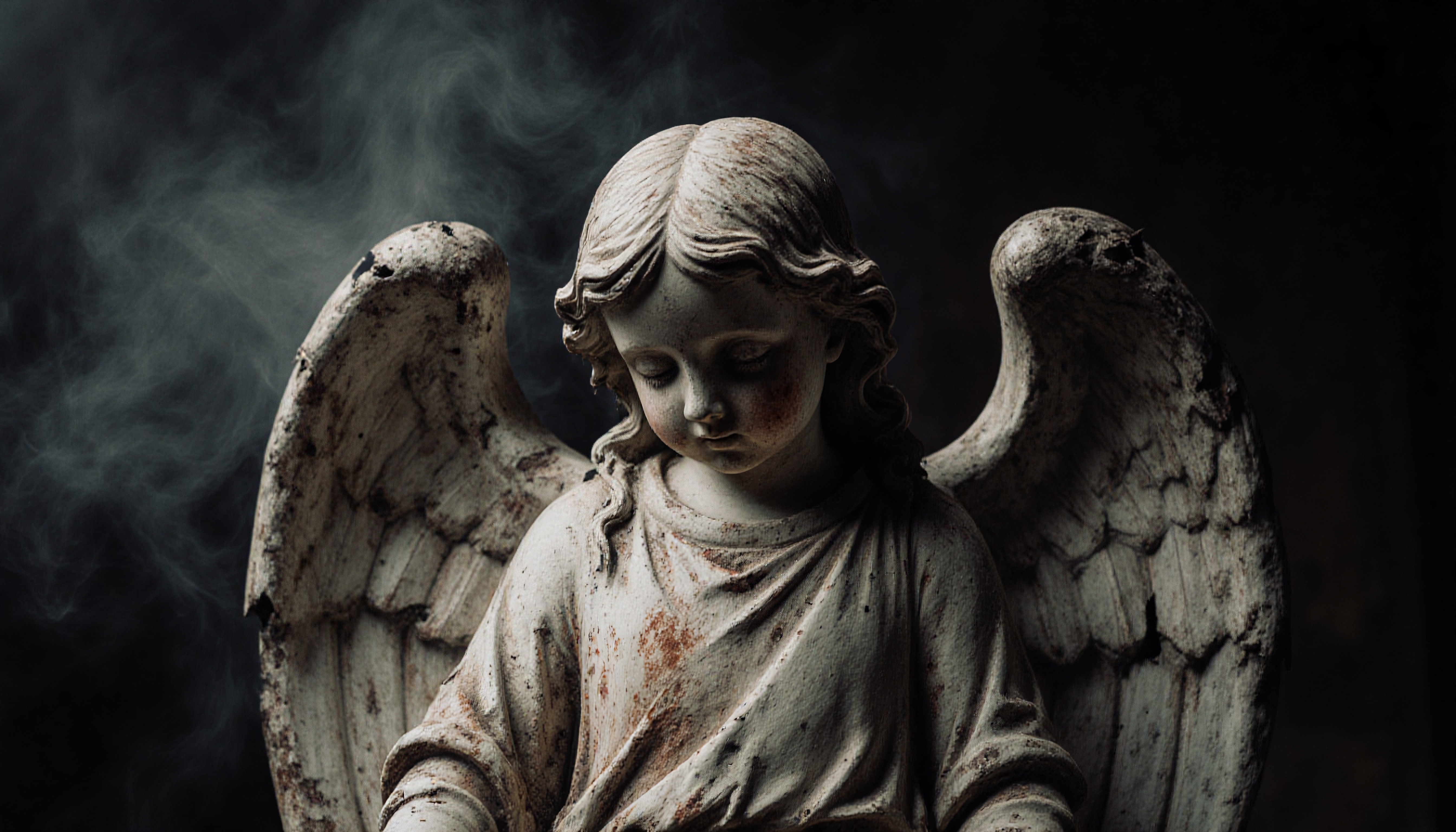 Weathered angel statue surrounded by mist.