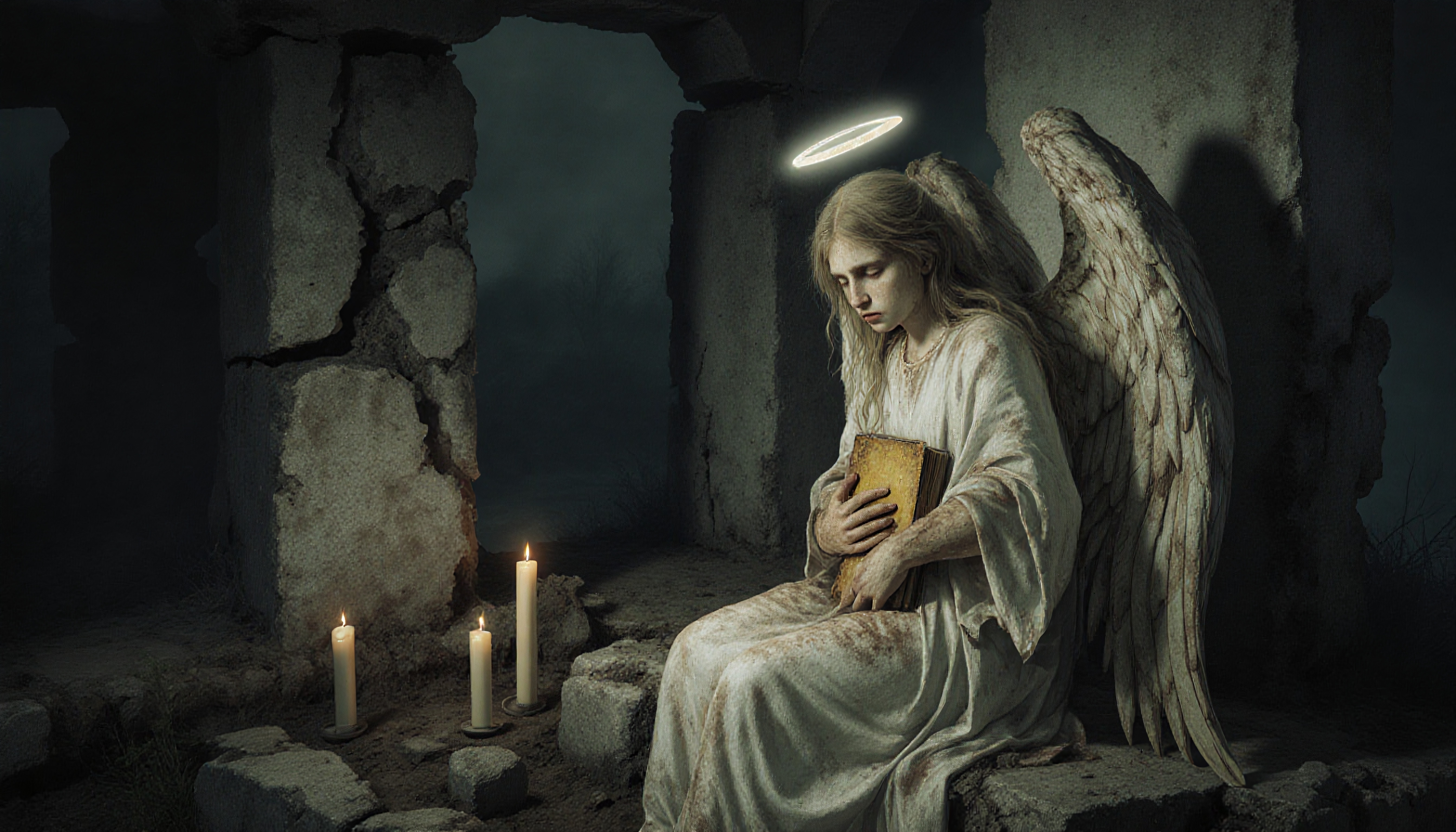 A serene angel with a halo meditates amid ancient ruins, holding a book surrounded by glowing candles.