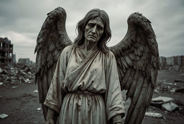 A weathered angel statue stands among ruins, wings open, amidst a desolate, war-torn landscape under a cloudy sky.
