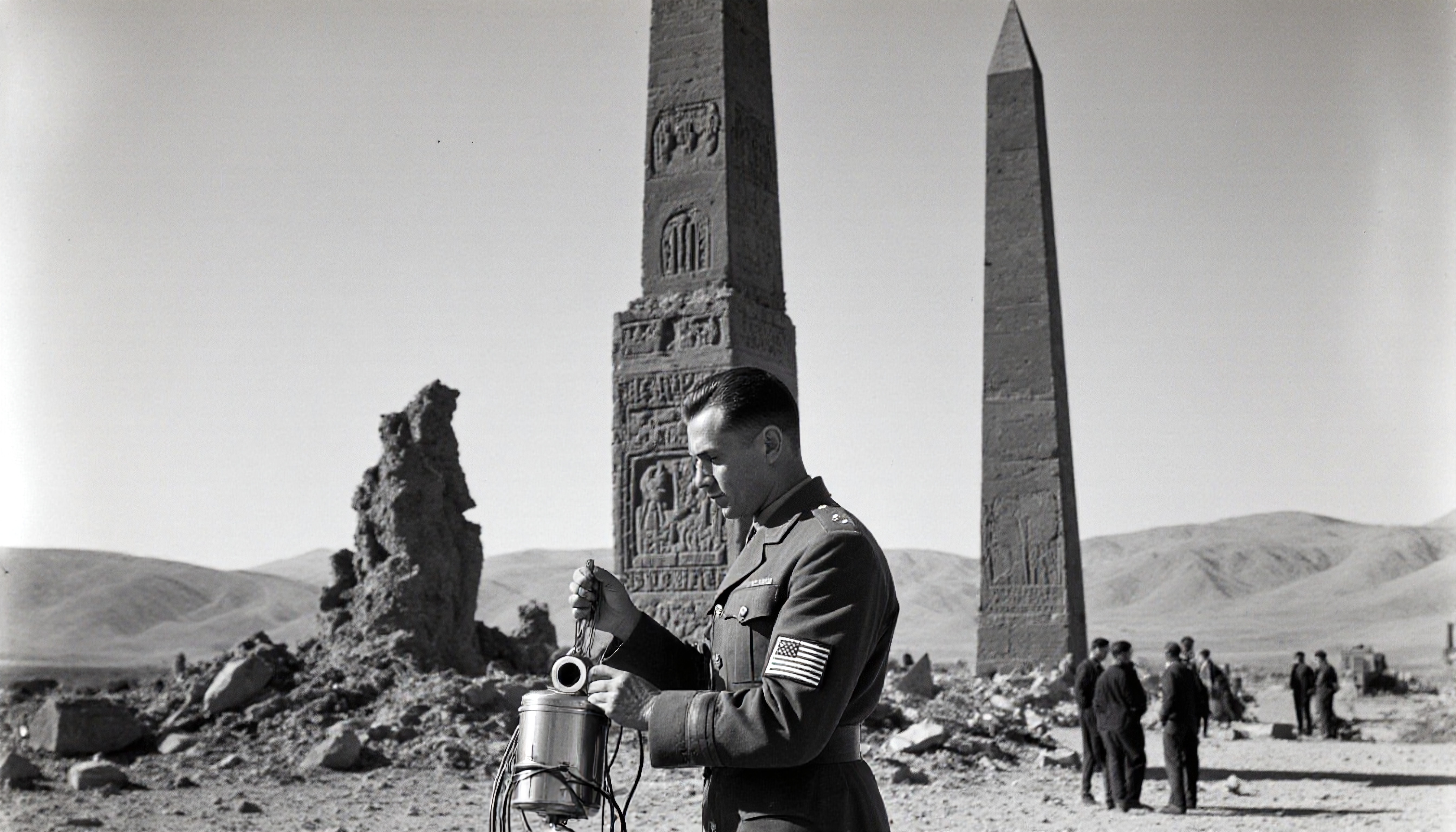 Military officer examines ruins at archaeological site with obelisks.