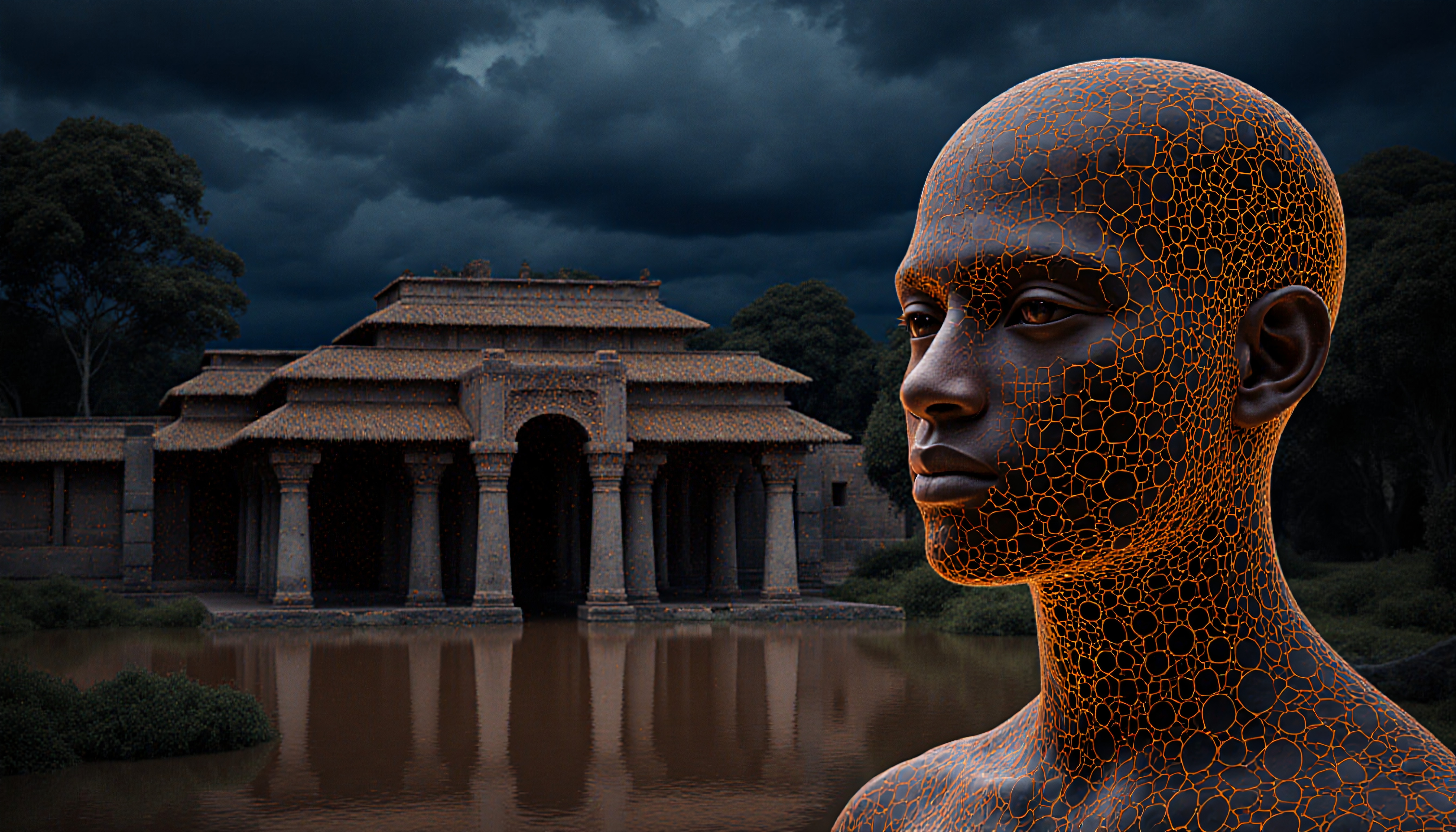 A human with geometric patterns, standing before an ancient structure under a dramatic sky