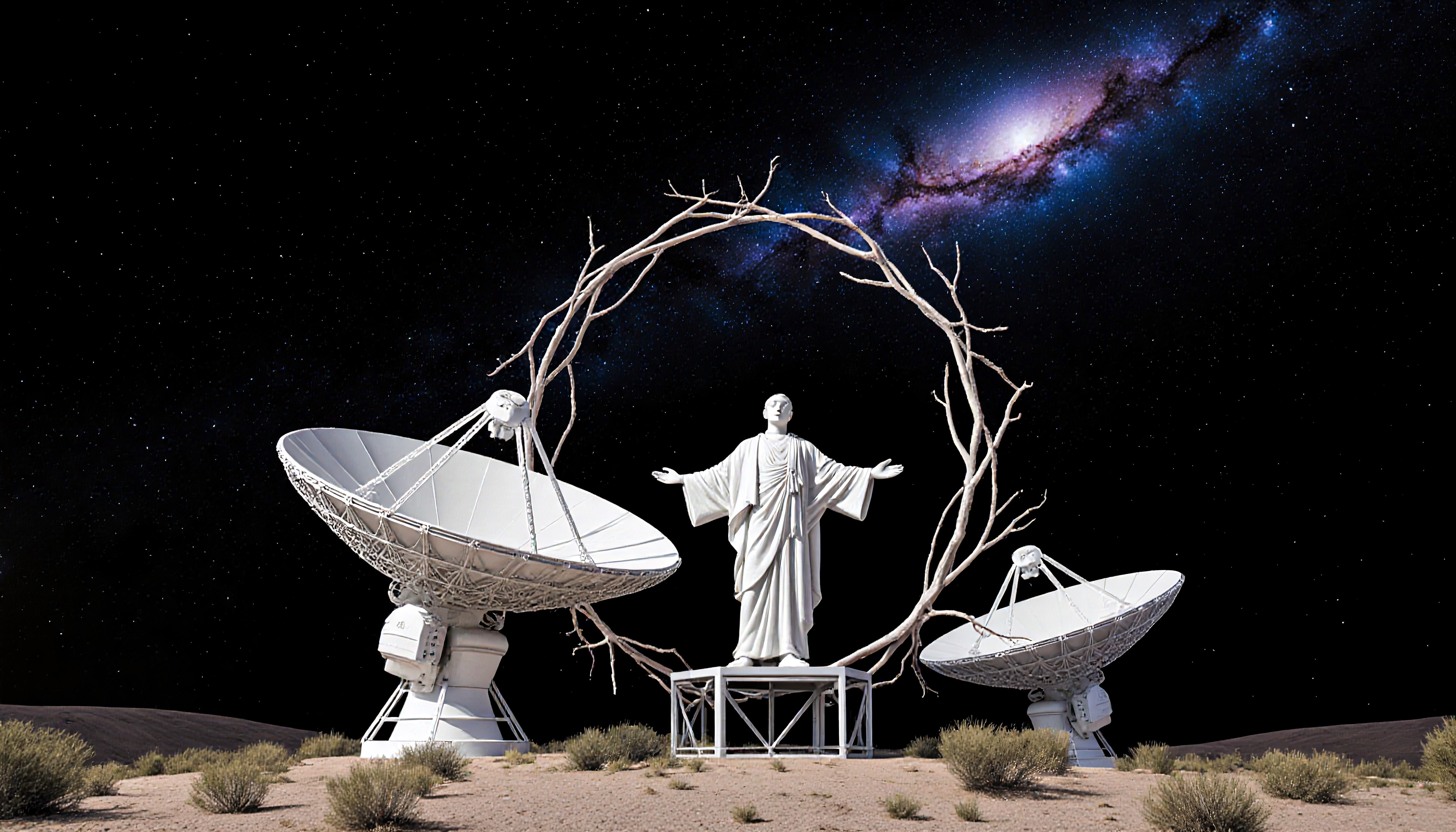 A majestic statue flanked by satellite dishes under a vibrant galaxy arch.