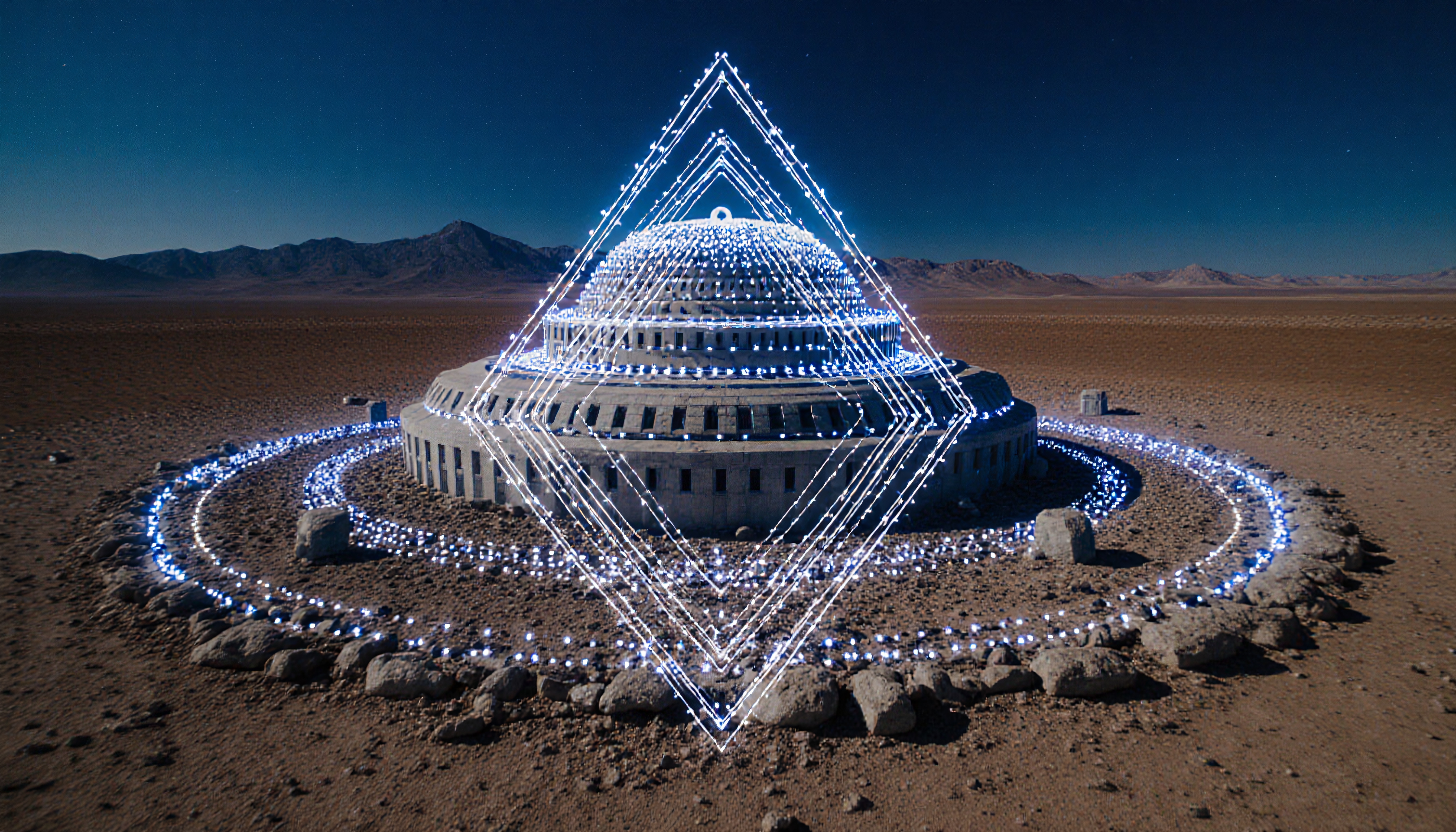 Illuminated geometric dome in desert night.