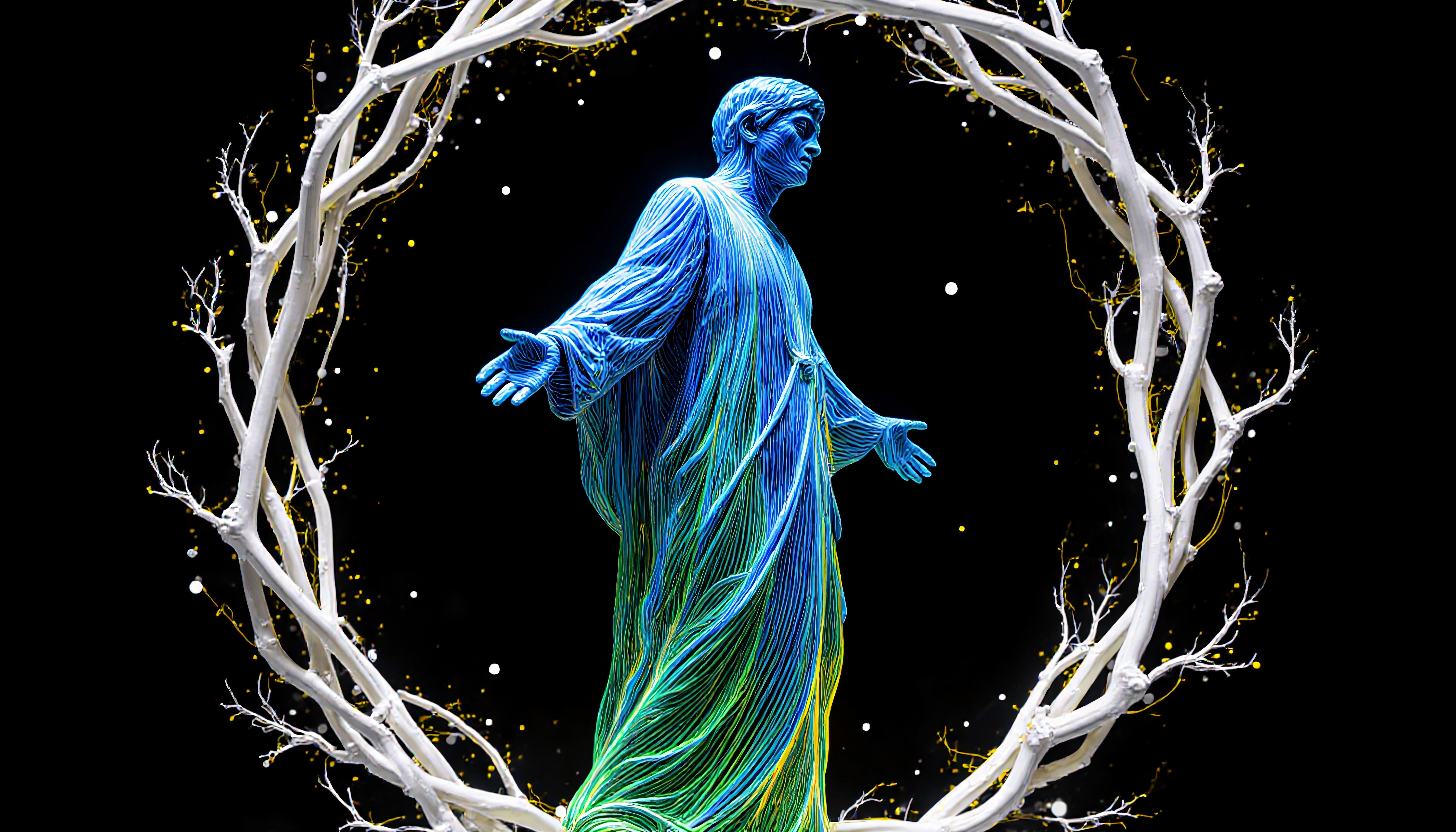 A stunning statue encircled by luminous, twisting branches with bright colors and elegant details.