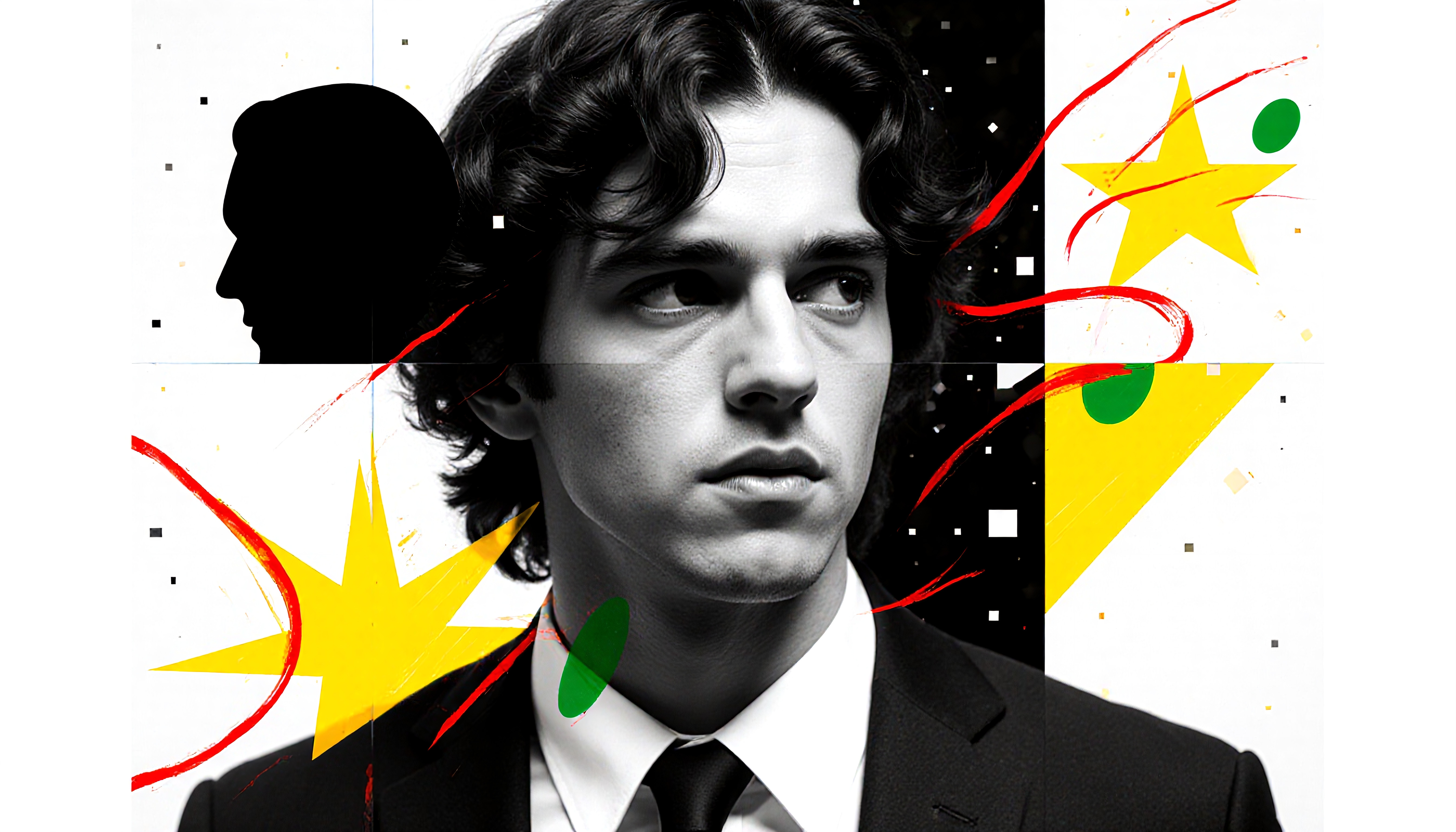 Black and white portrait of a young man in a suit, surrounded by abstract art elements like a yellow star and red lines.