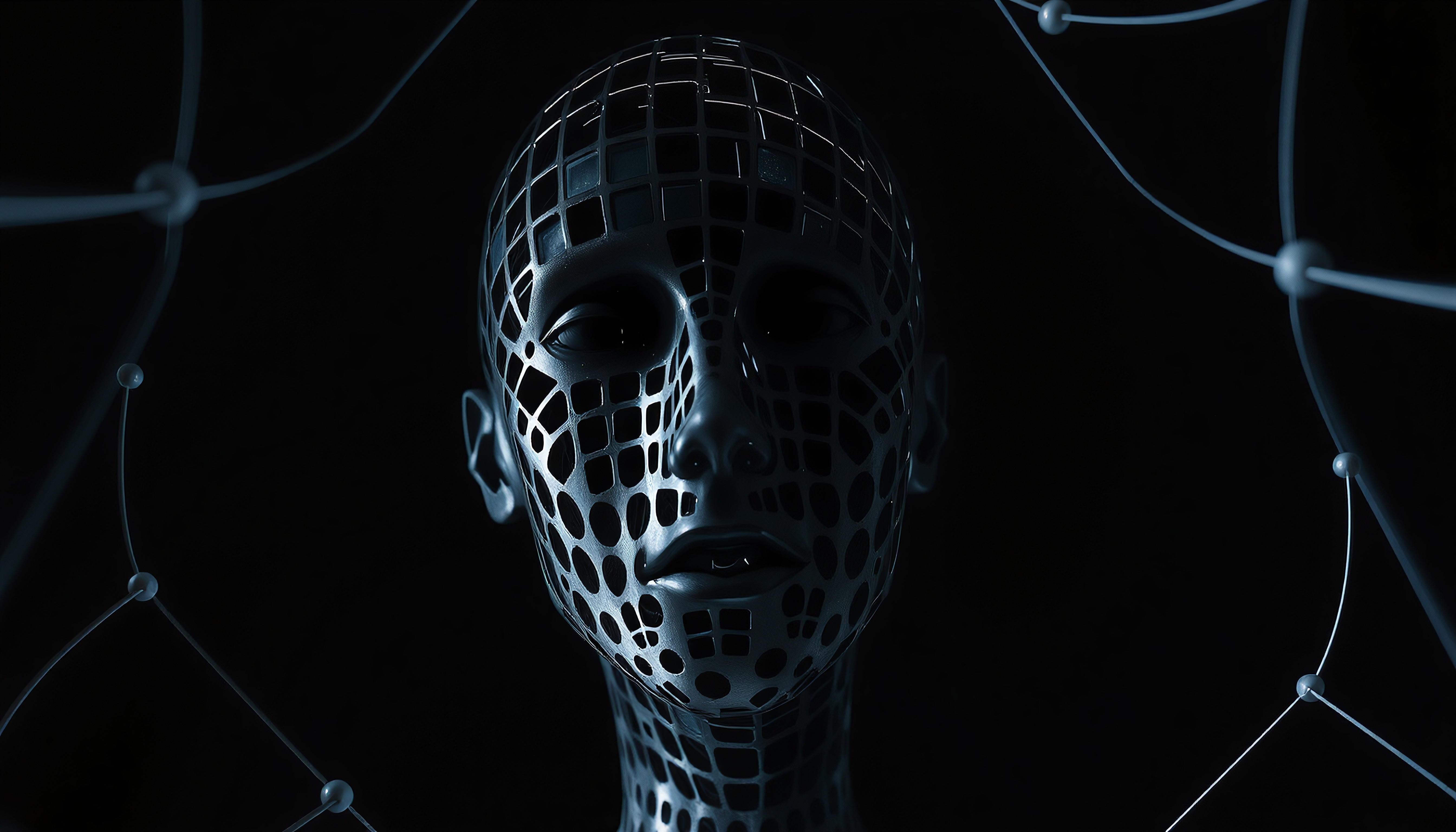Futuristic Cybernetic Human Head with Networked Grid Structure