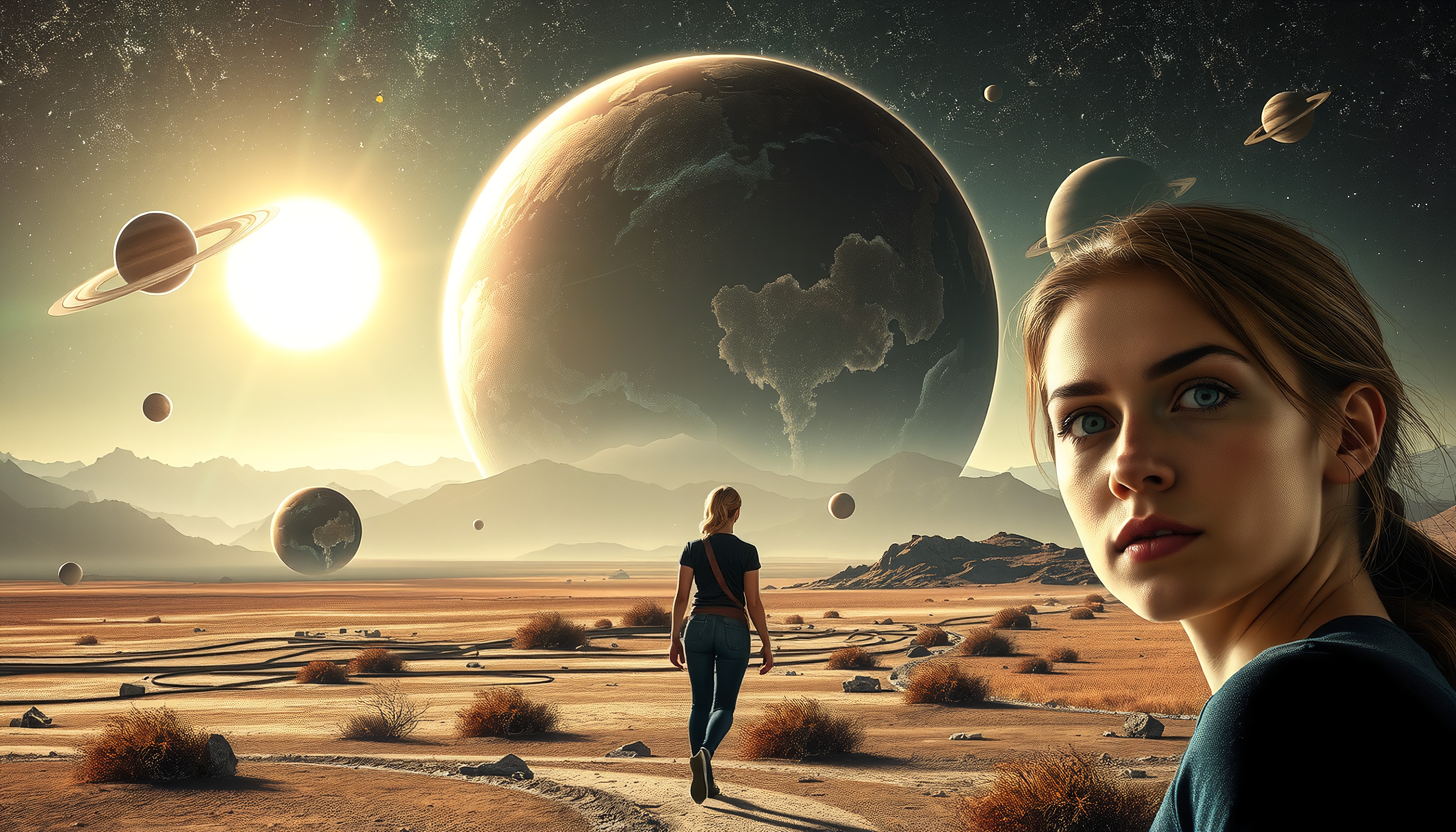 Woman in a cosmic desert landscape.