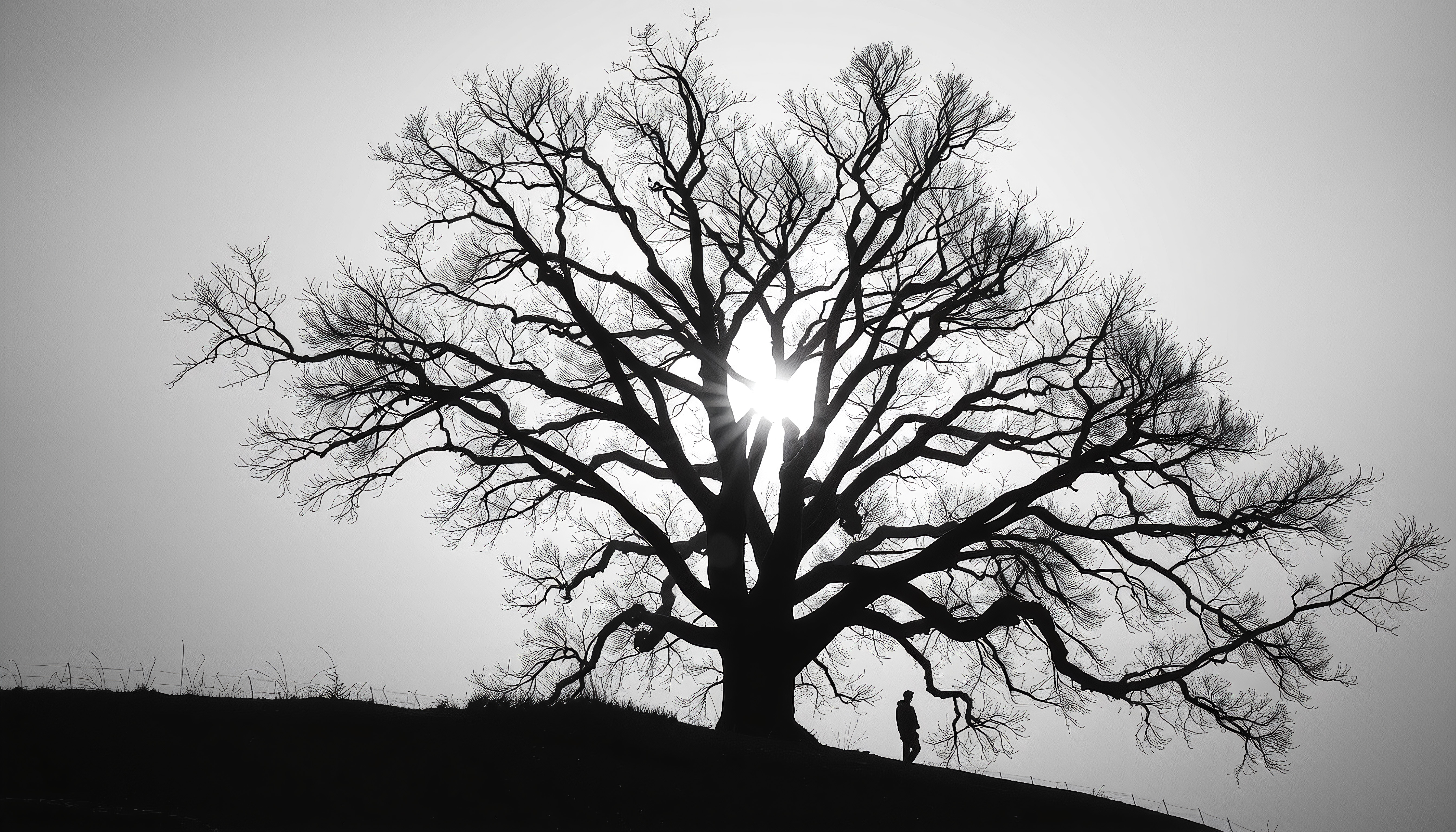 Solitary figure standing under giant leafless tree silhouetted against glowing sunrise sunset