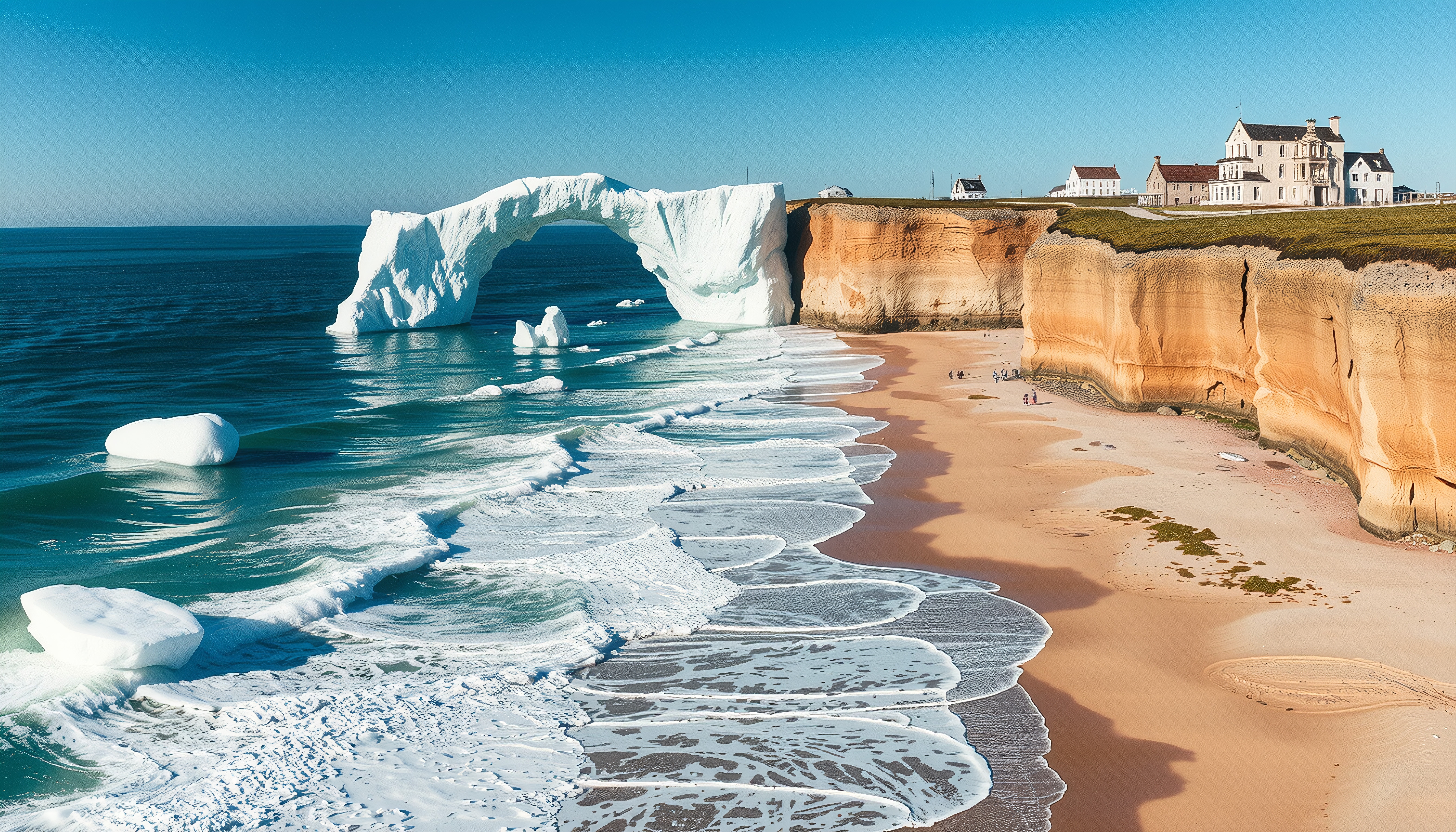 A coastal scene of towering cliffs, unique rock formations, and turquoise waters with vibrant orange hues under a glowing sun.