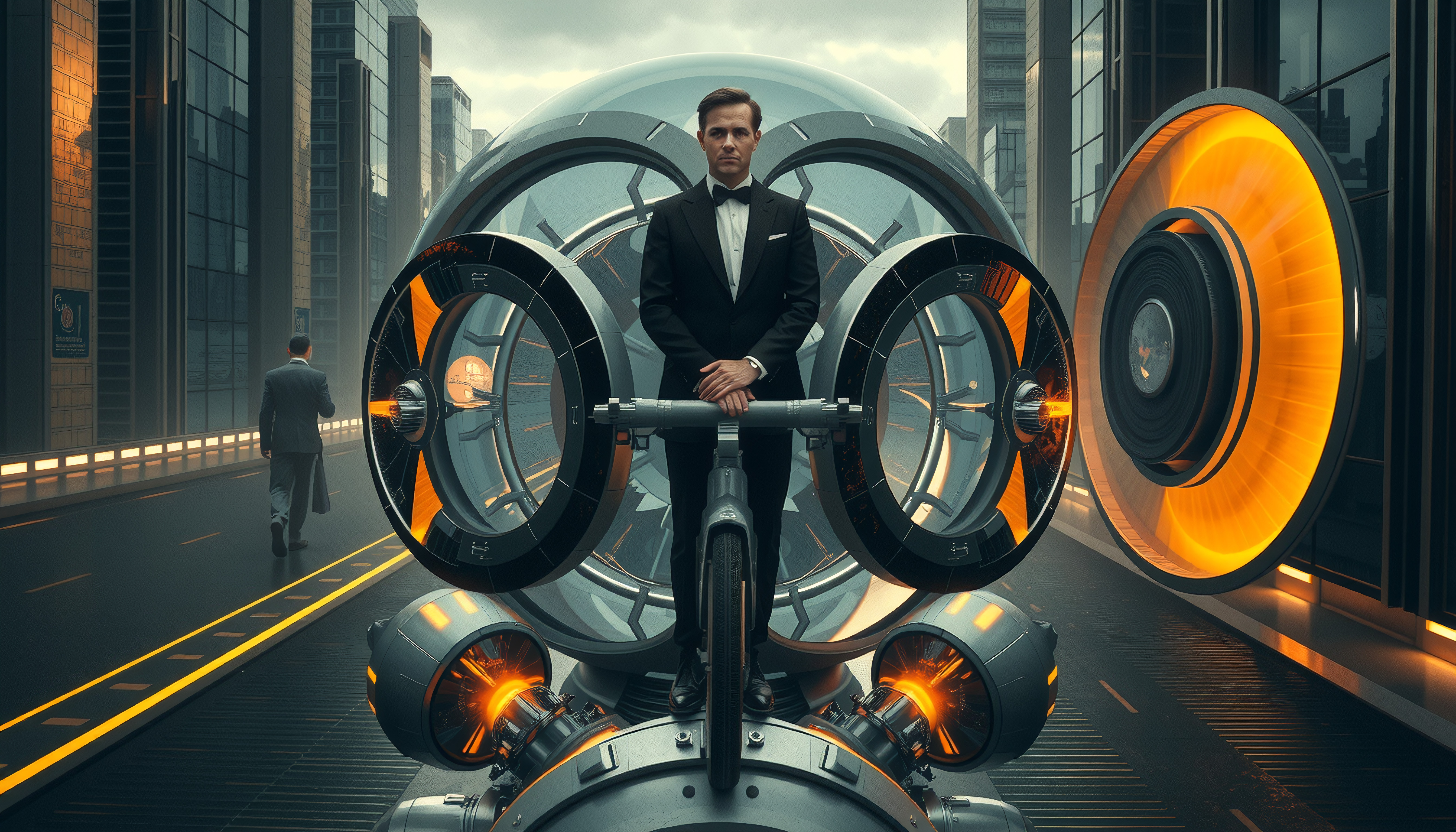 Futuristic Urban Scene with Tuxedoed Businessman on Advanced Bic