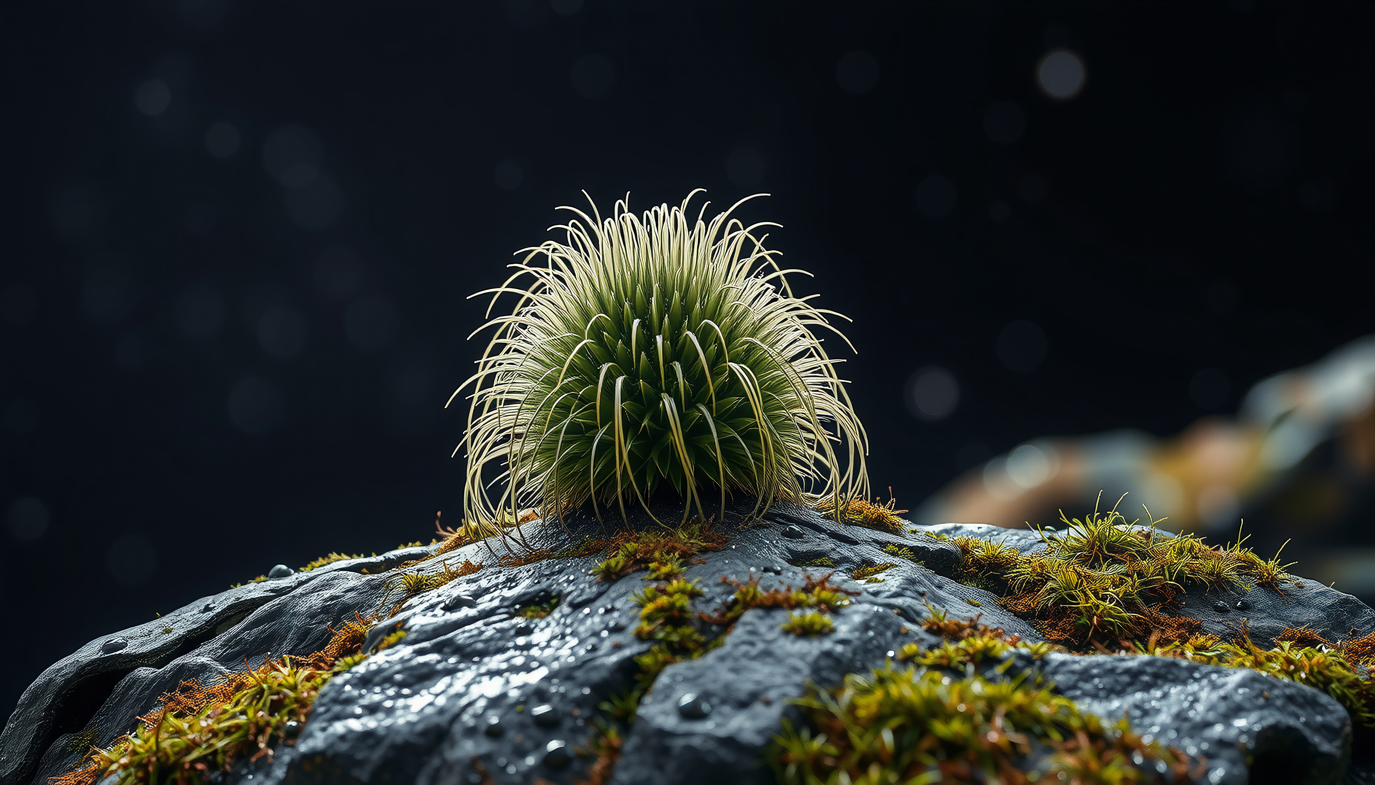 Resilient grass growing on dark wet rocks with glowing dewdrops and cosmic bokeh background