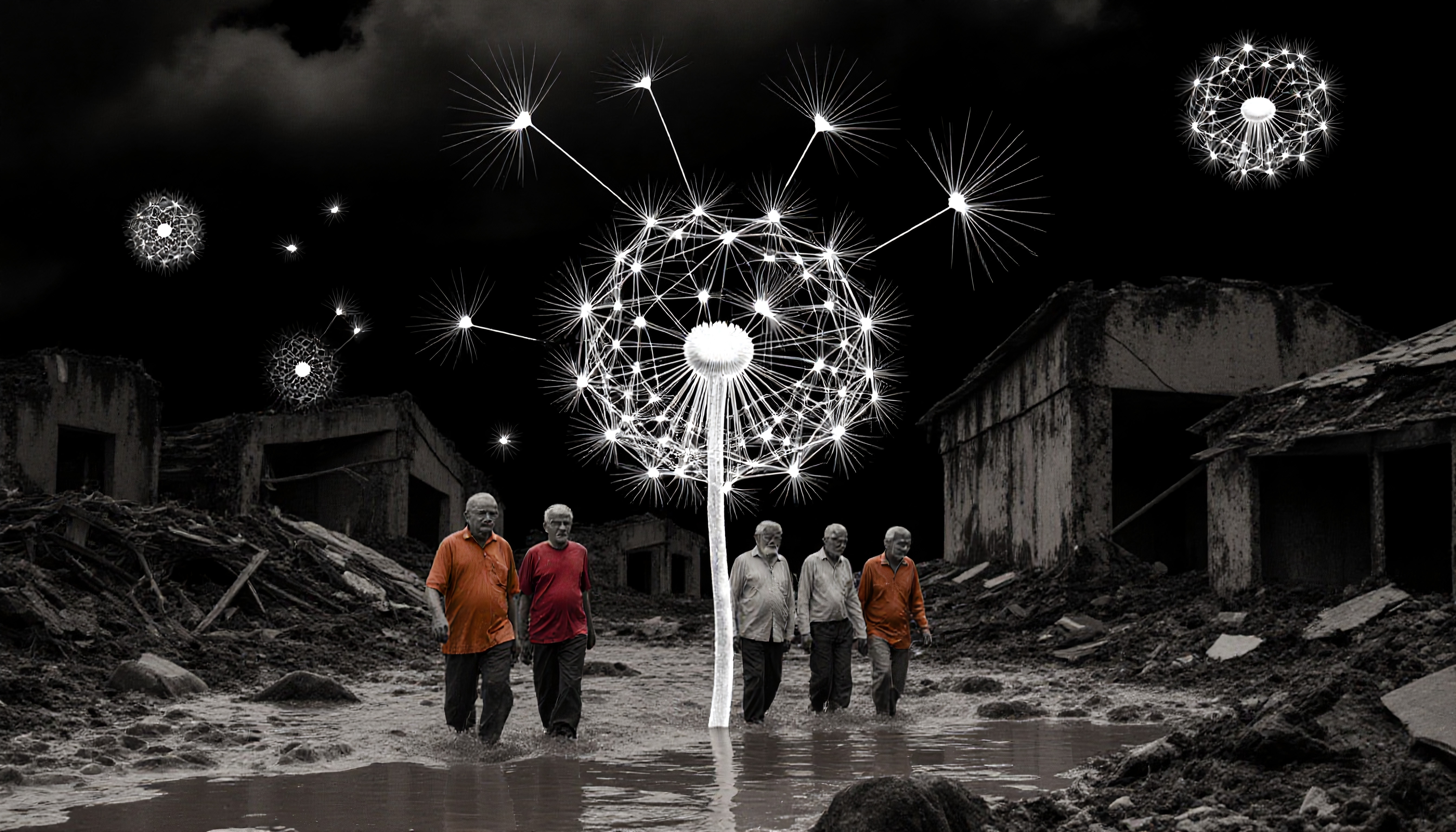 Surreal scene with glowing dandelions illuminating elderly men walking through flood ruins at night.