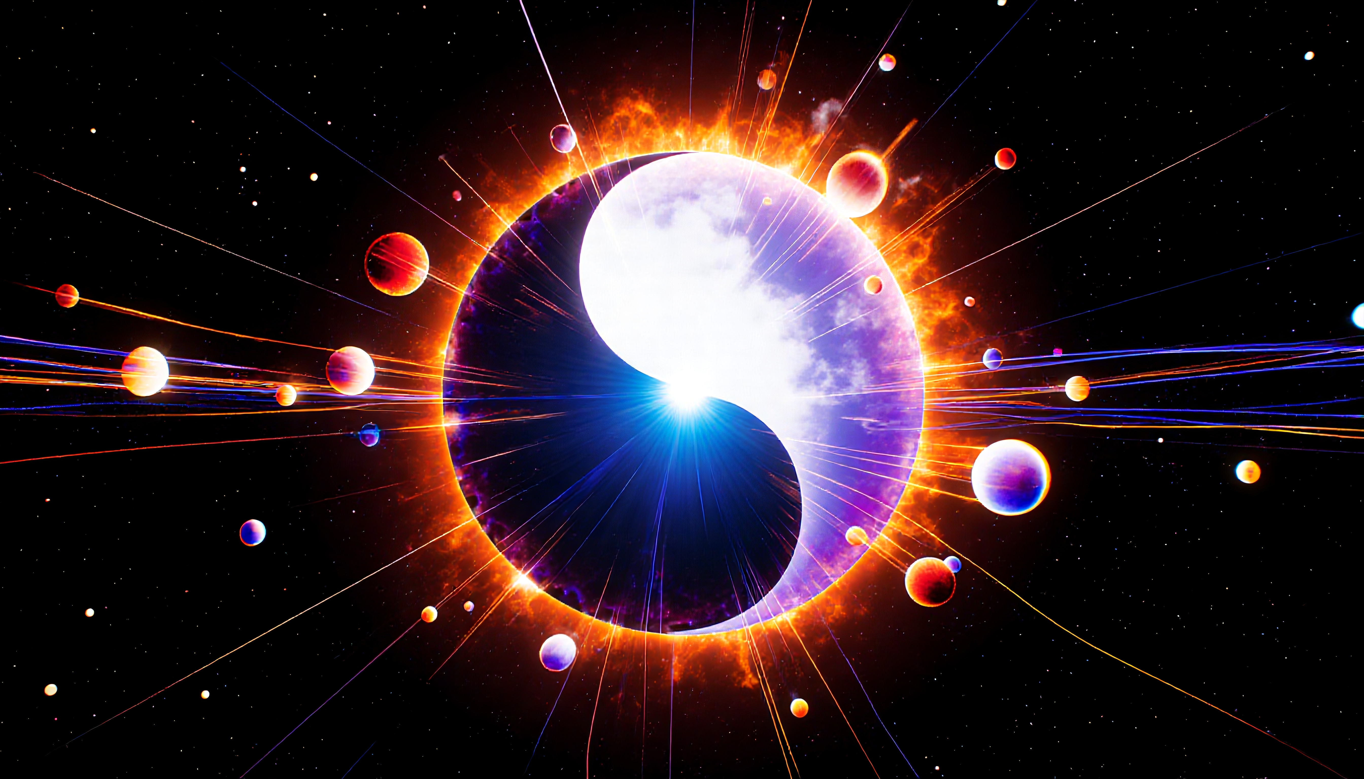 Explore intriguing celestial designs with a yin-yang symbol, planets, and vibrant cosmic hues in space.