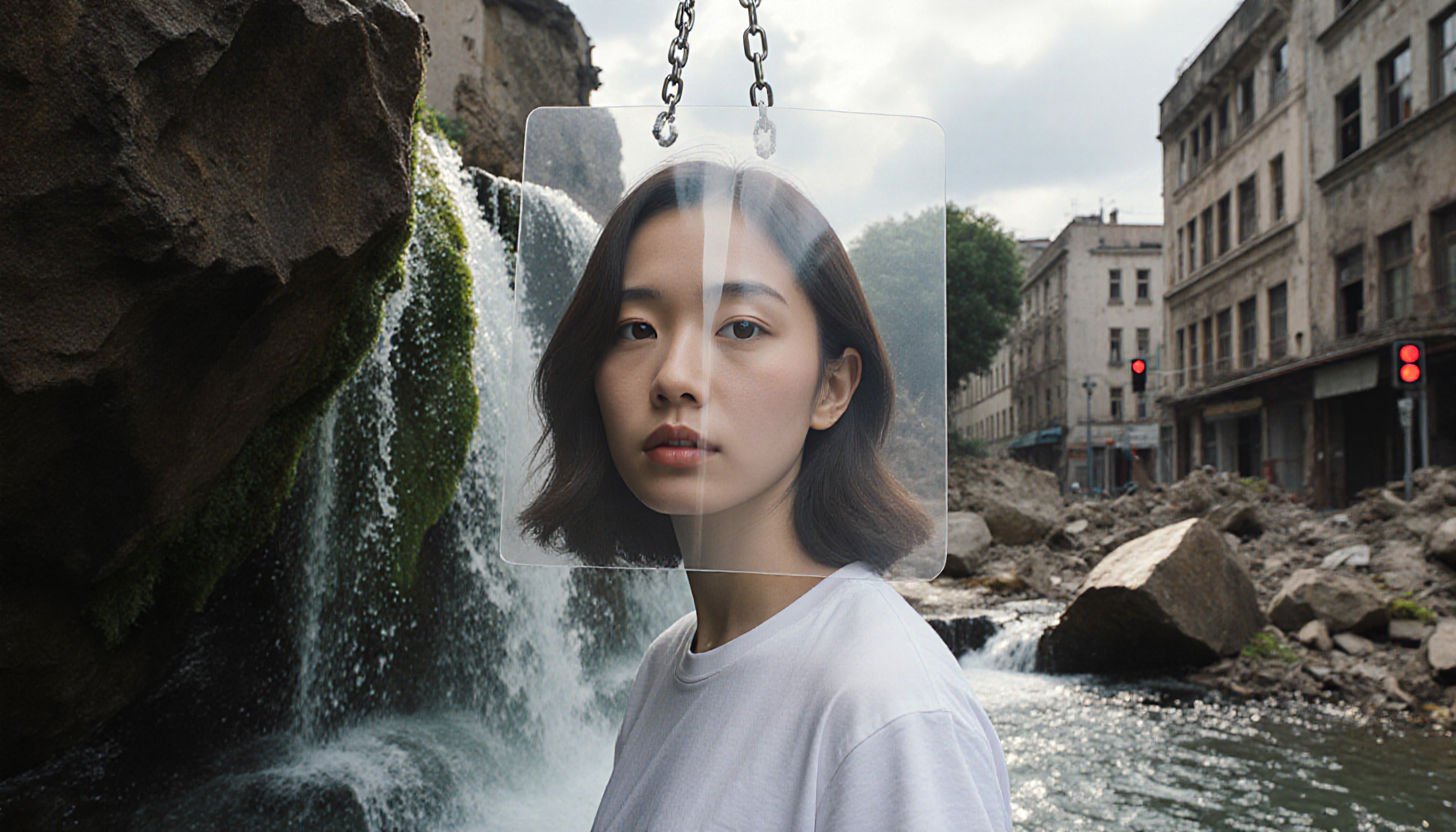 Transparent Acrylic Portrait Over Waterfall and Urban Landscape