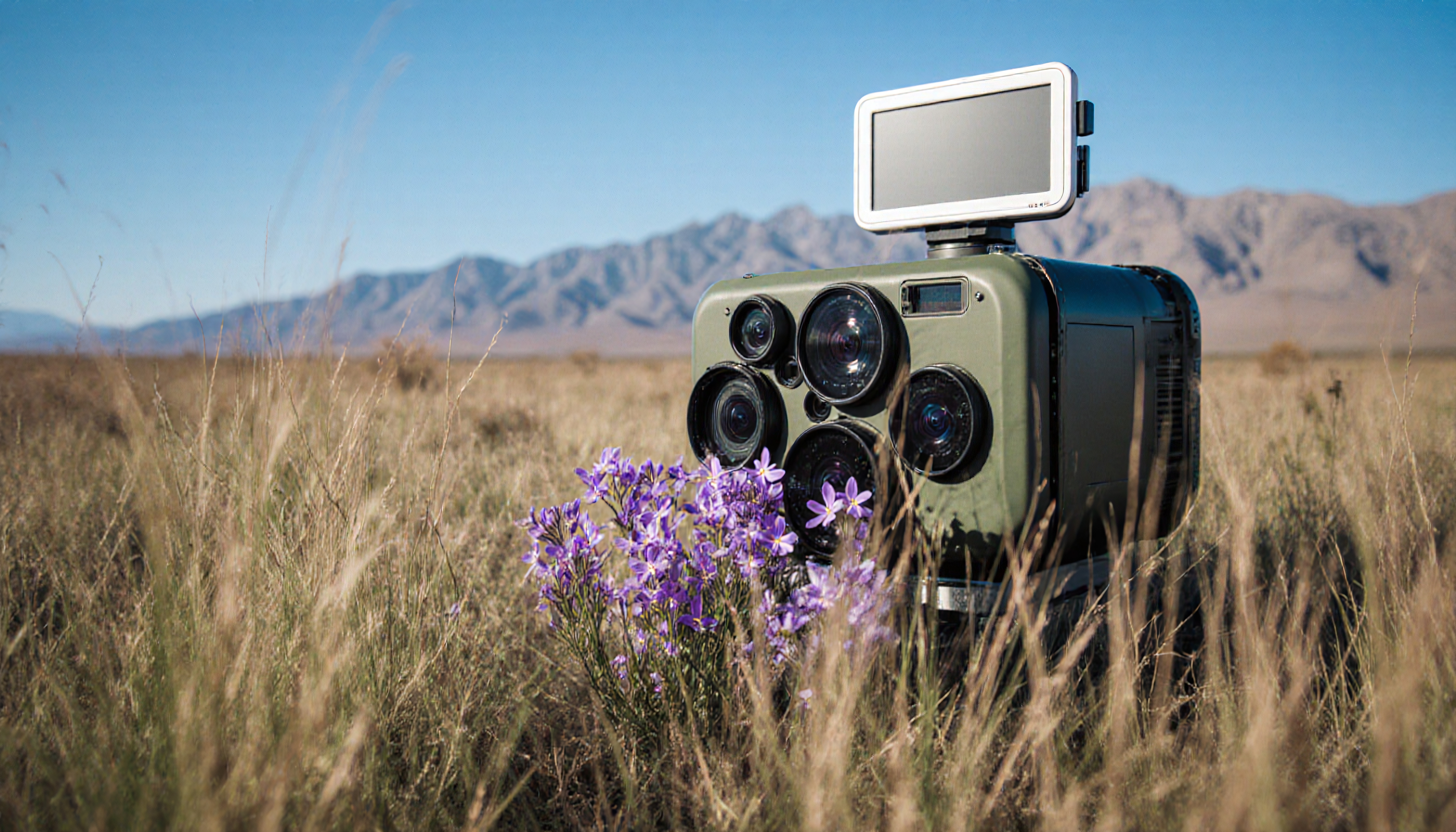Advanced camera device amidst nature with flowers and mountain background.