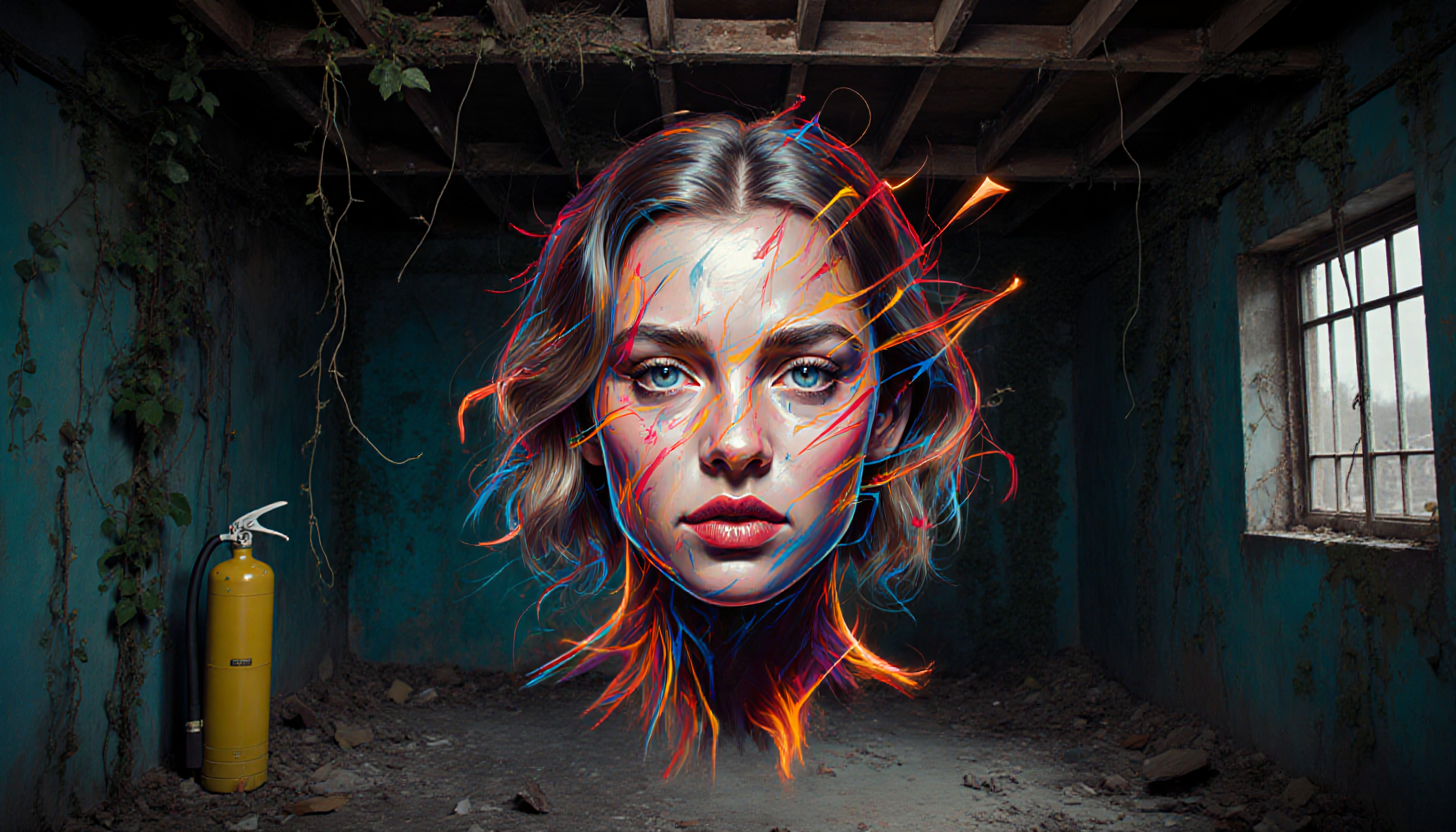 Surreal Portrait of Woman with Vibrant Neon Hair in Abandoned Wa