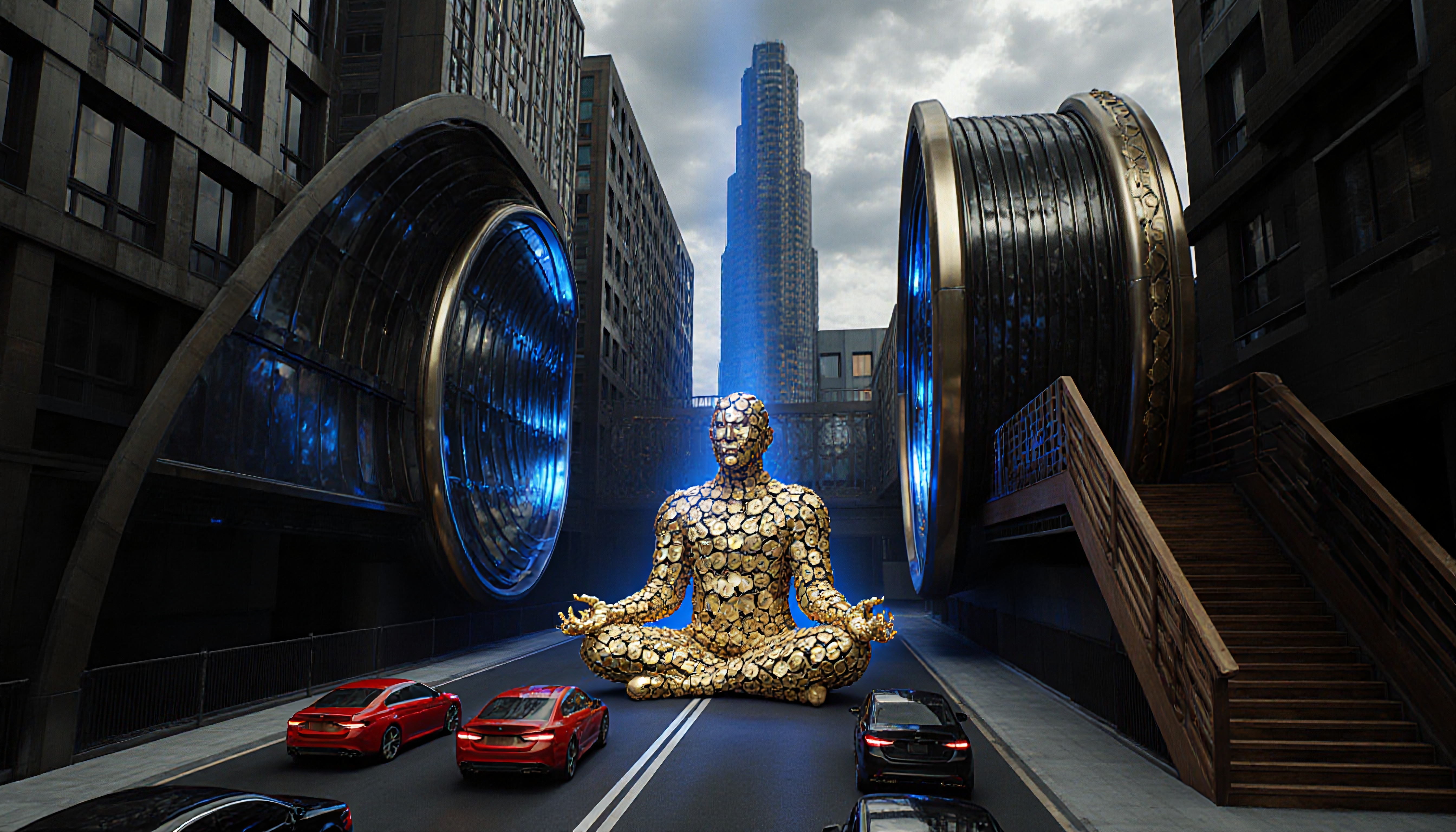 Golden Statue Amidst Futuristic Portals