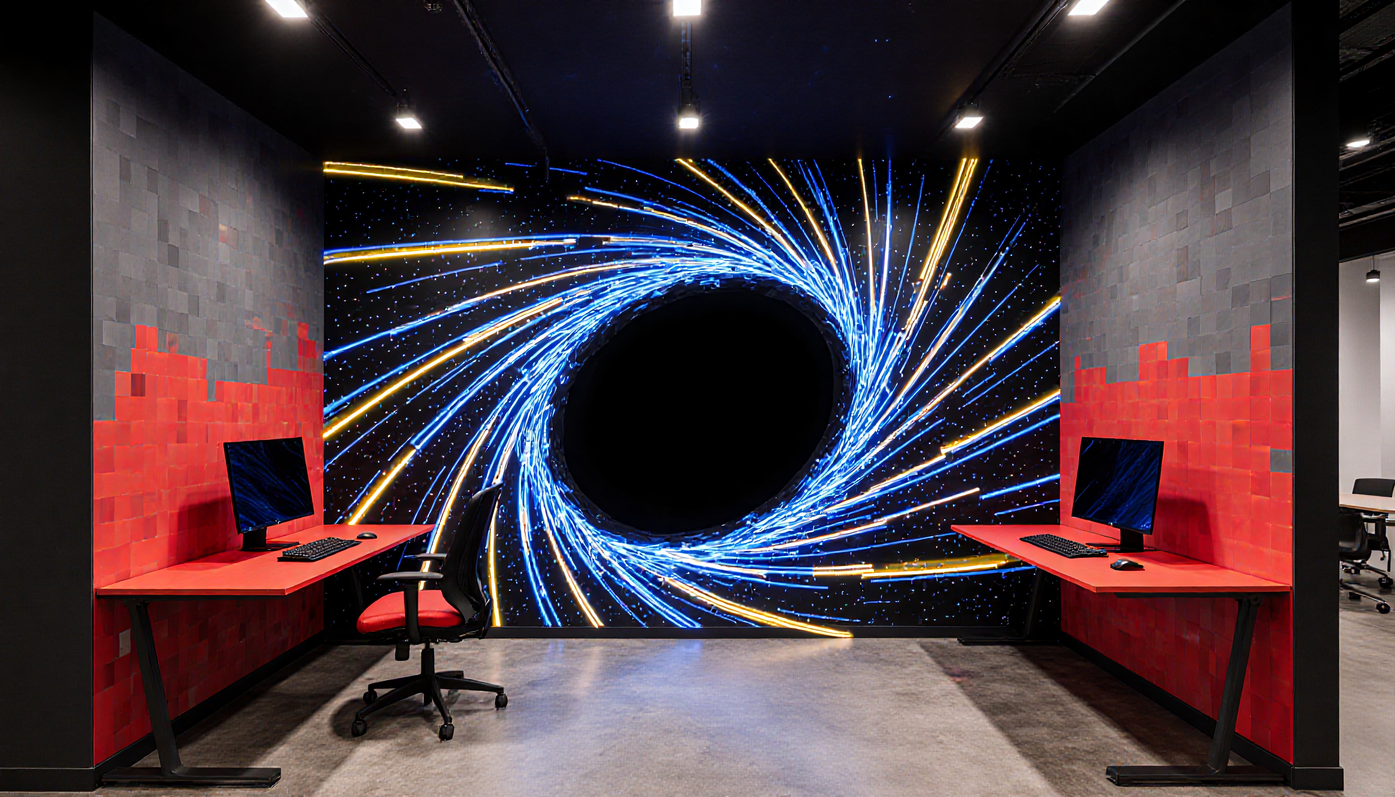 Modern office interior with futuristic mural design and computer workstations.