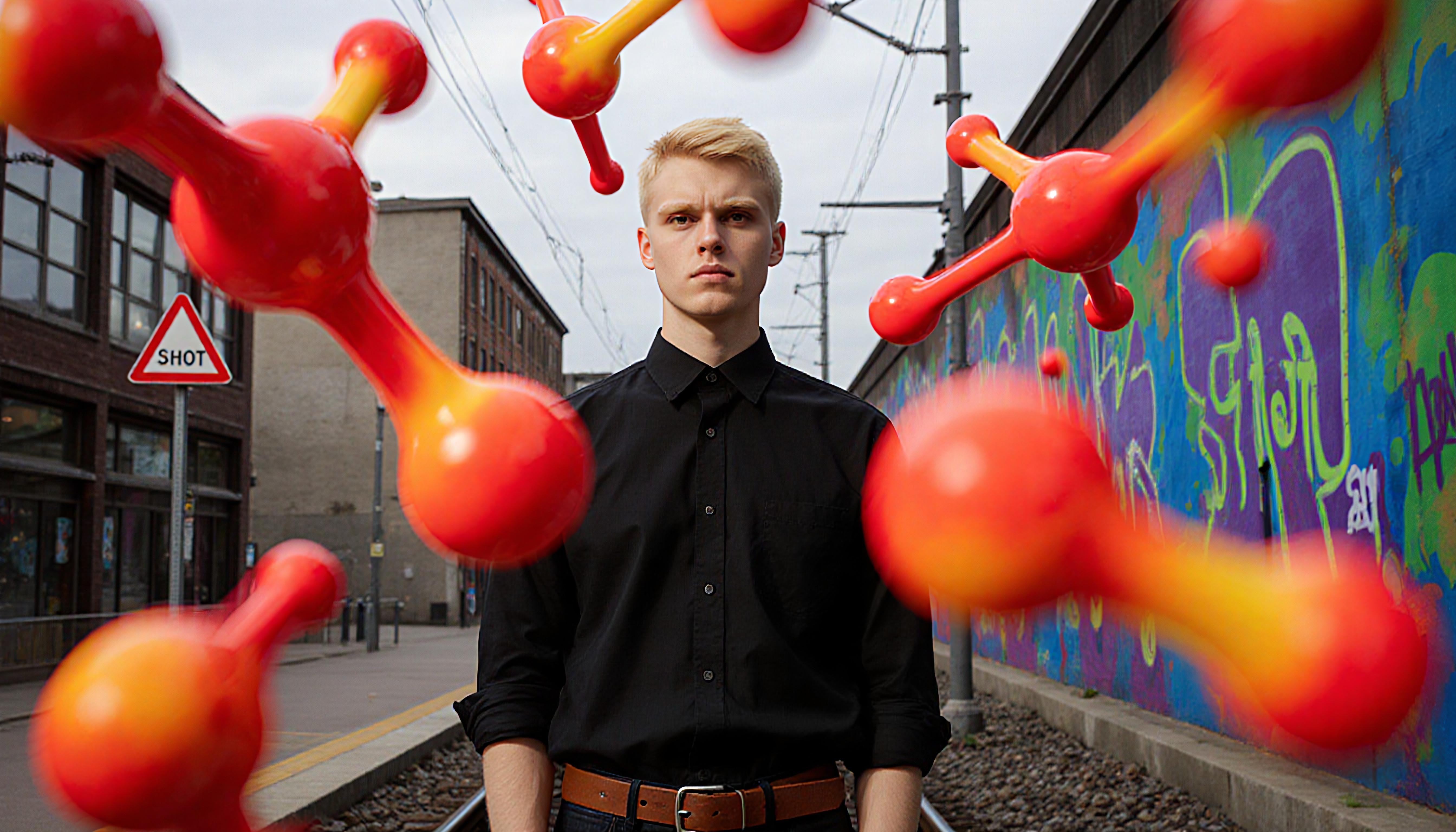 Moody portrait of a young man standing on a train track against