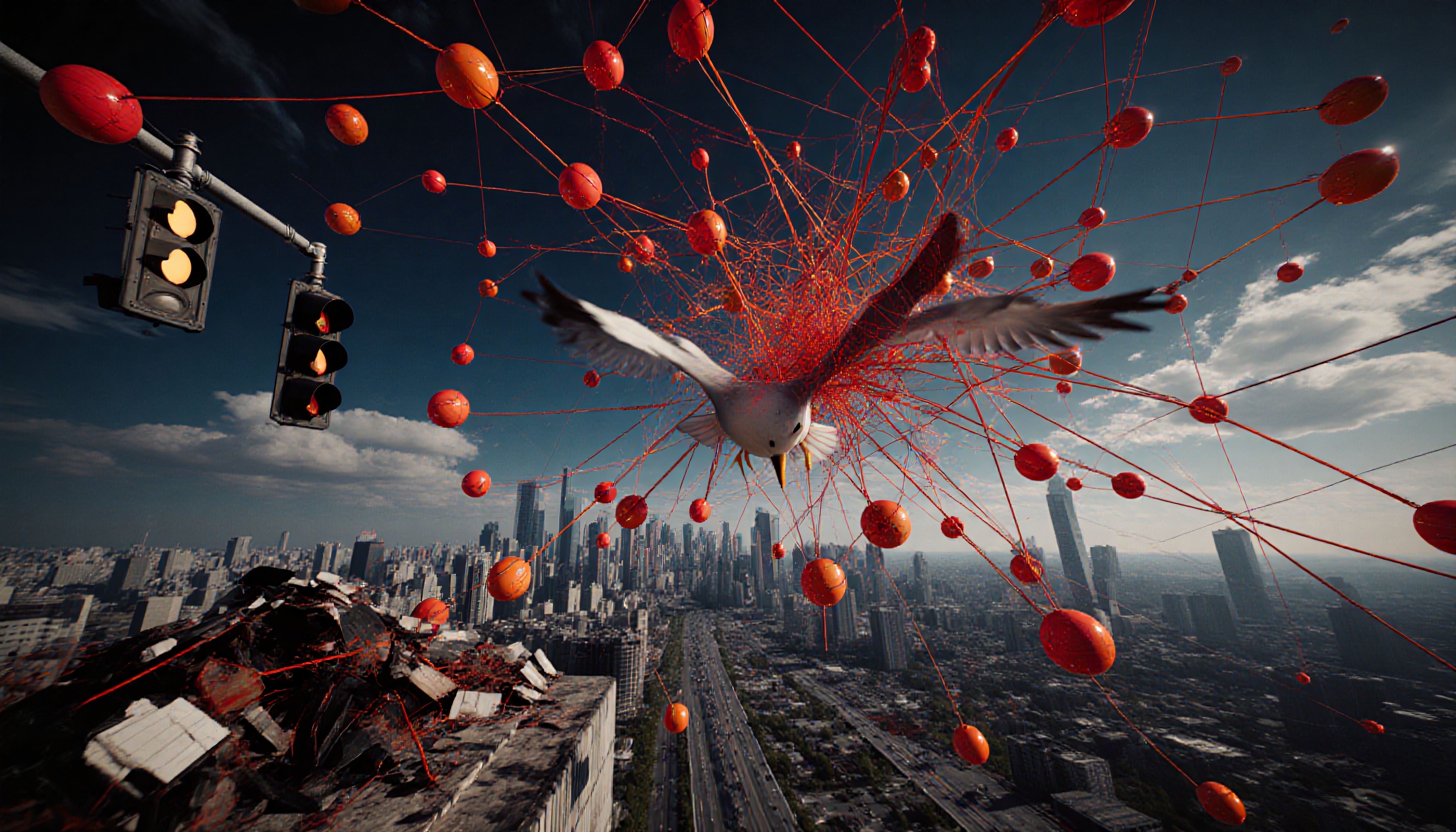 Surreal Urban Bird Amidst Floating Red Orbs Over Cityscape