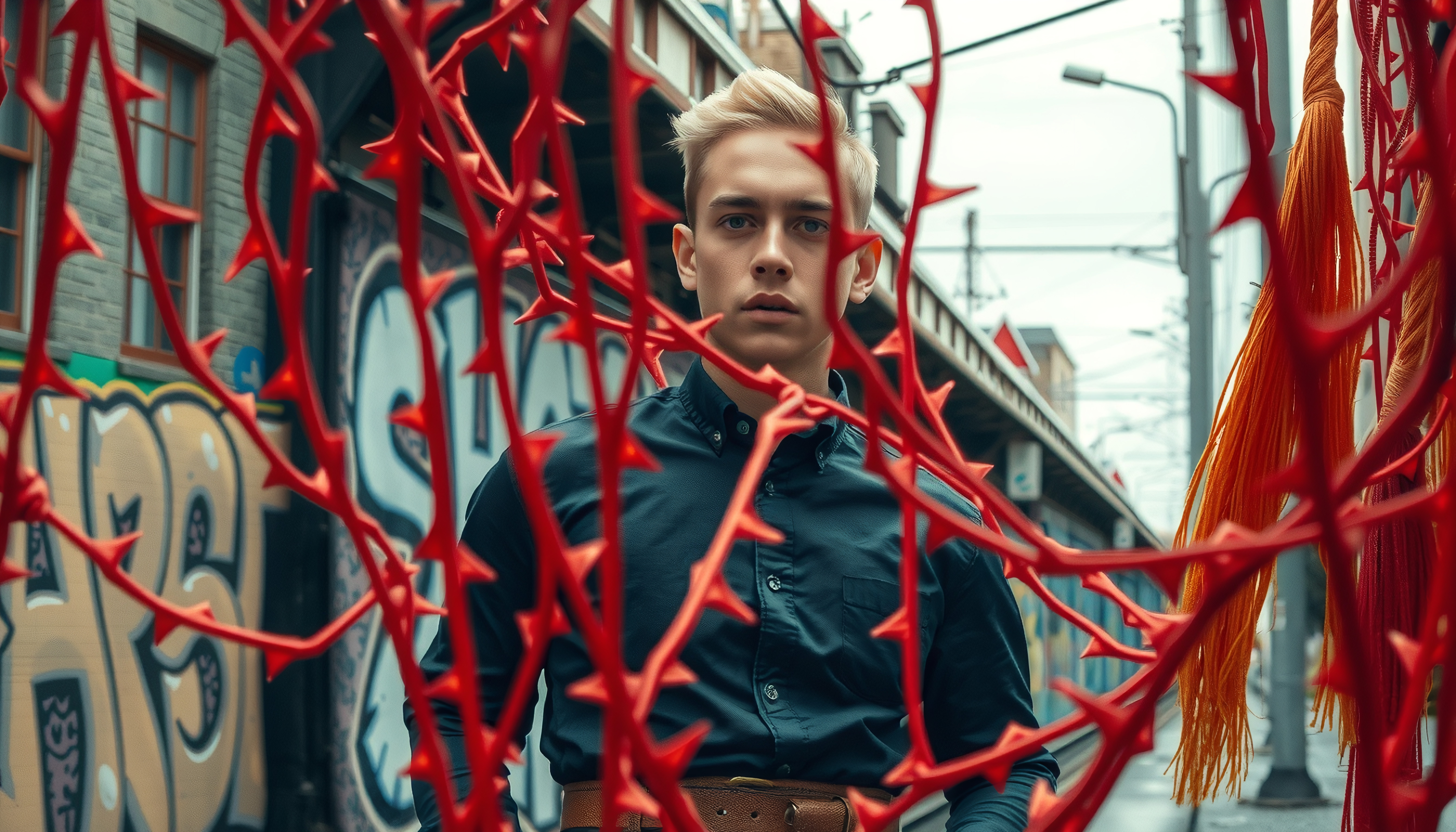 Portrait of a Young Man Behind Red Spikes in an Urban Setting