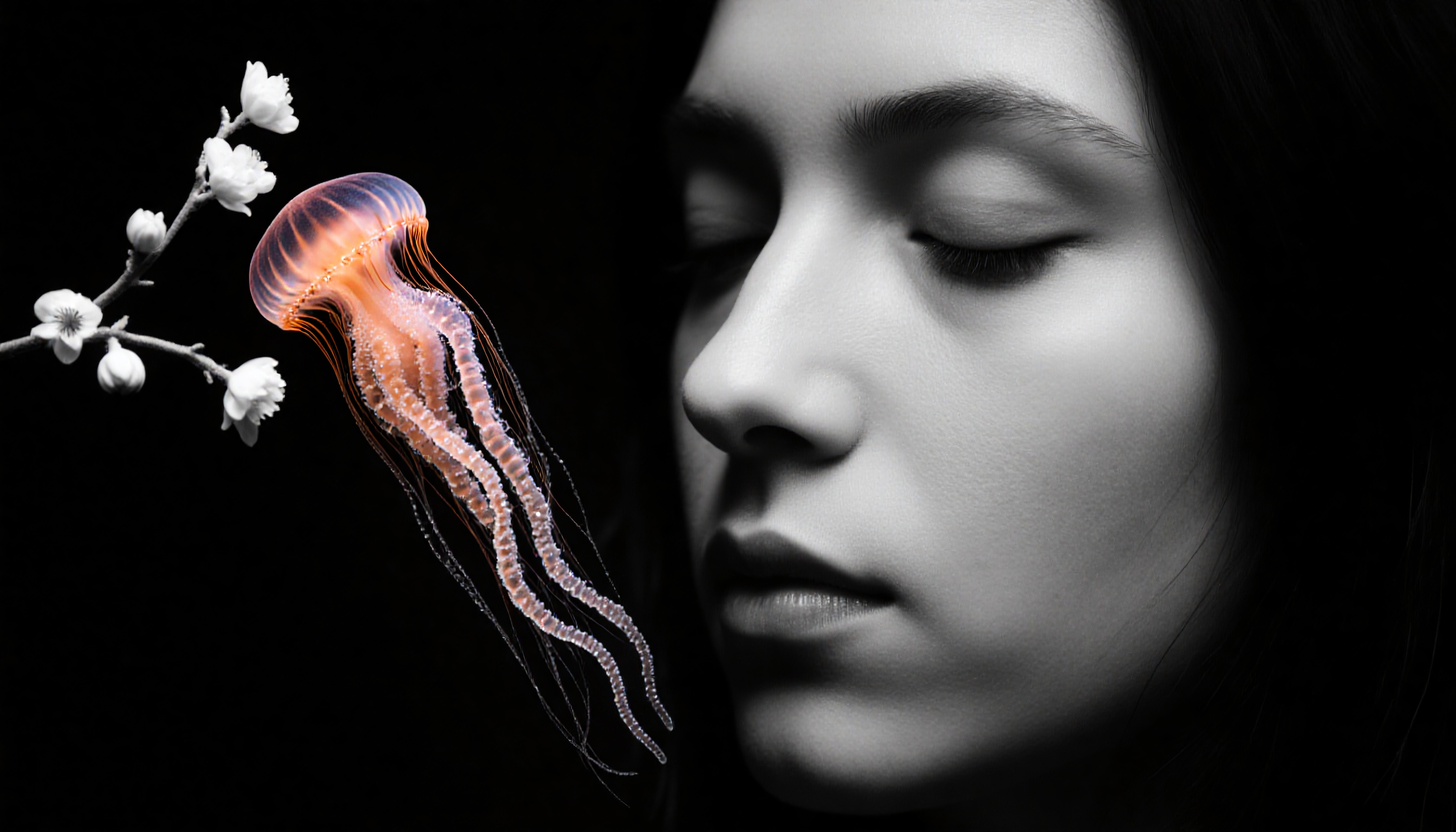 A woman with closed eyes and a glowing jellyfish against a black background with white flowers.