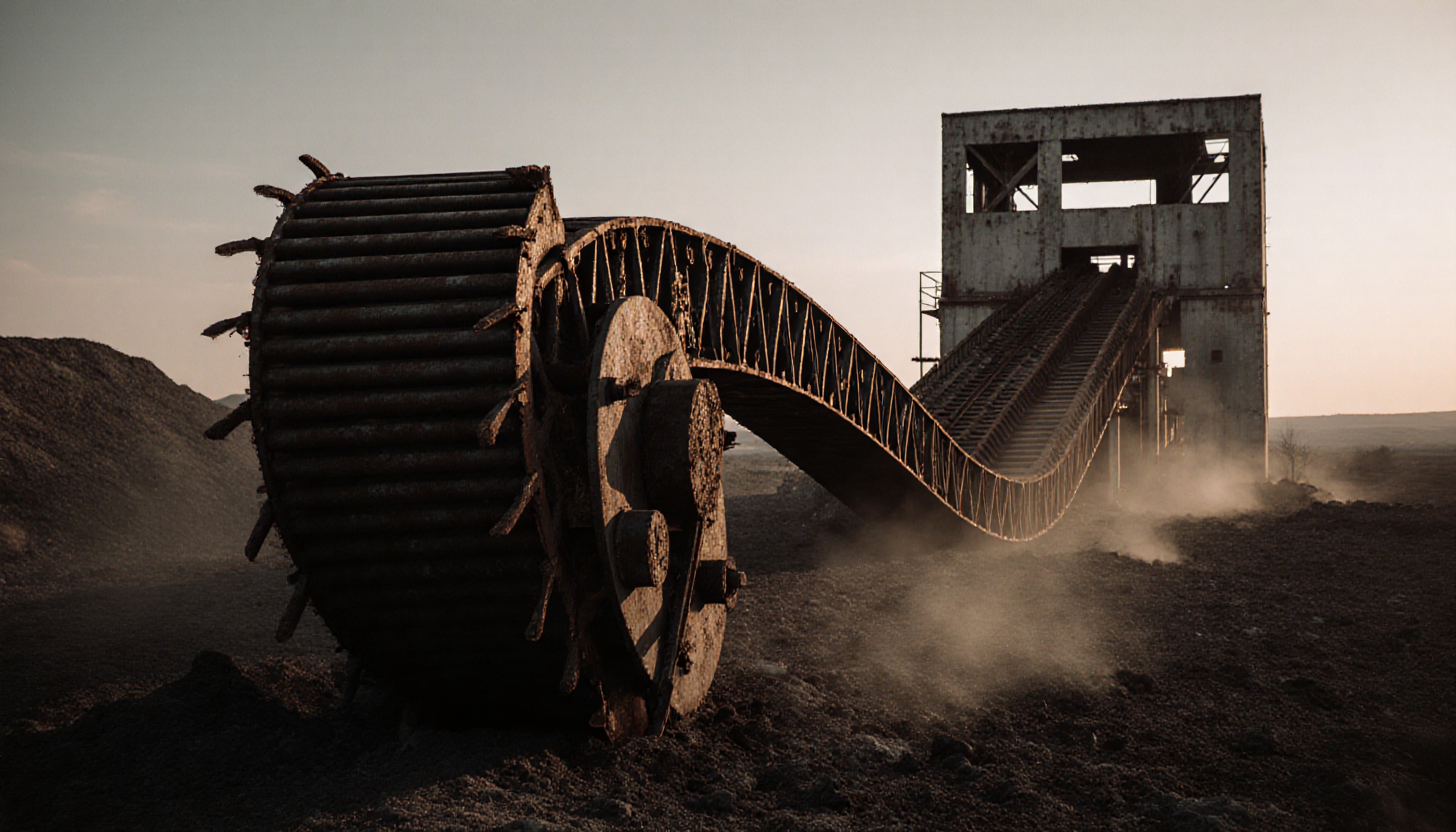 Image of a large, rusted industrial conveyor belt rising from the ground, leading to an abandoned metal structure against a dusty, desolate landscape with a pale sky.