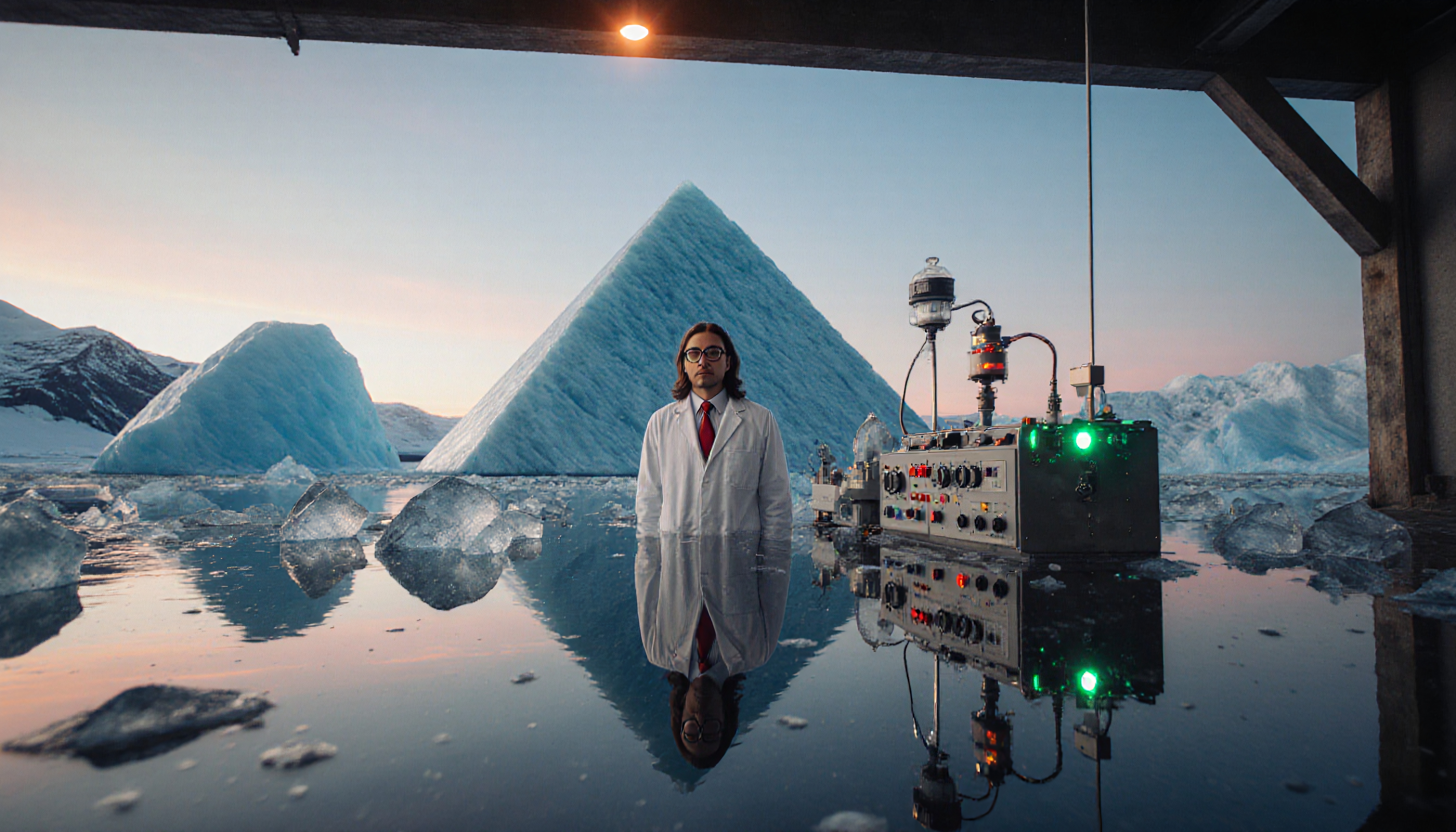 A scientist in a white lab coat stands in a reflective icy landscape with towering ice pyramids and glowing machinery, set against a twilight sky.