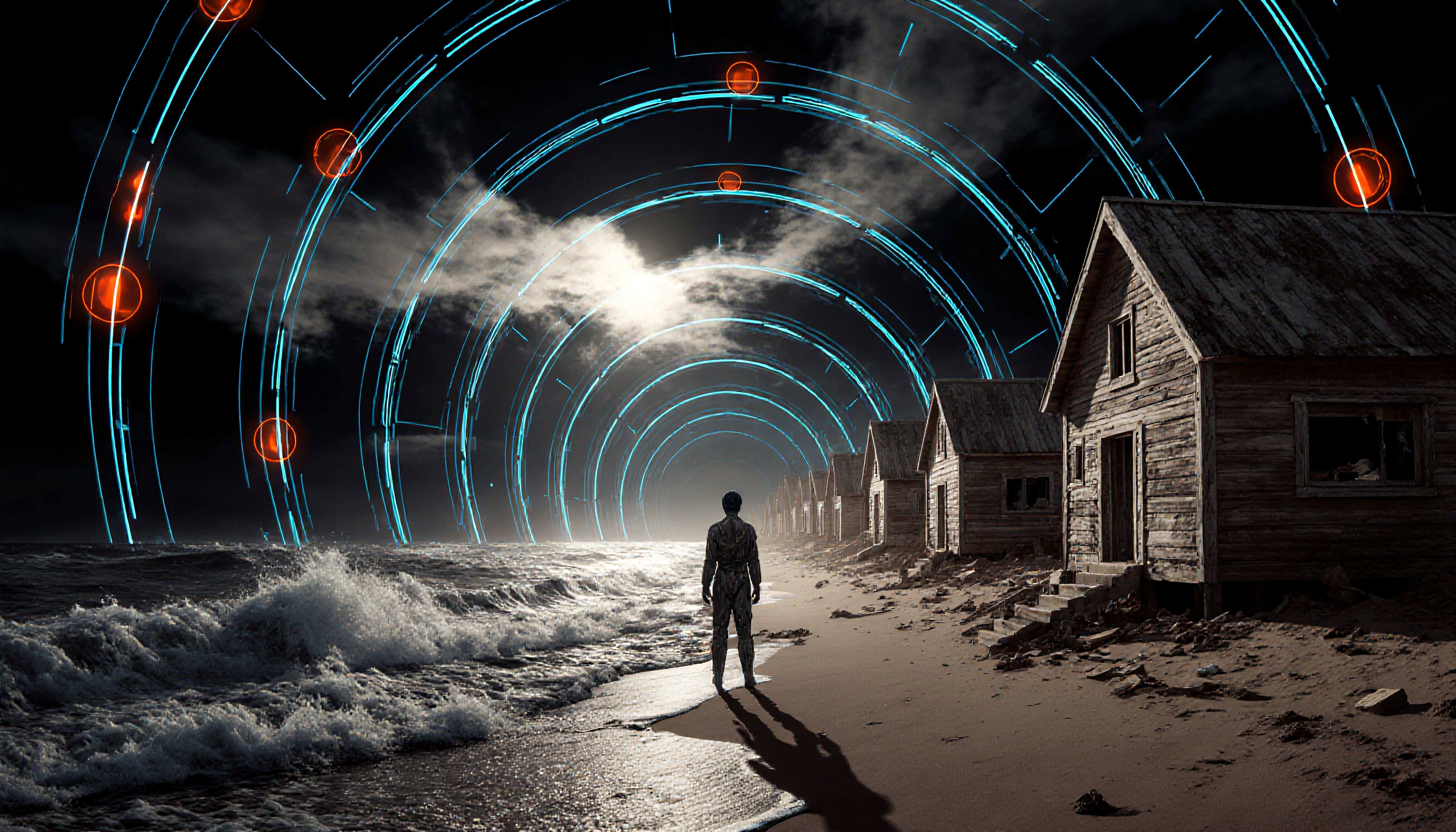 Futuristic man walking alone near glowing arches over deserted beach with old cabins