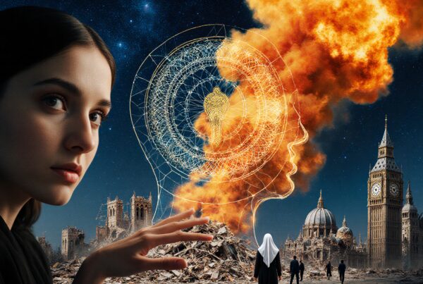 Mind vs. Destruction: Woman's Hand Reaching Fiery Brain Silhouet