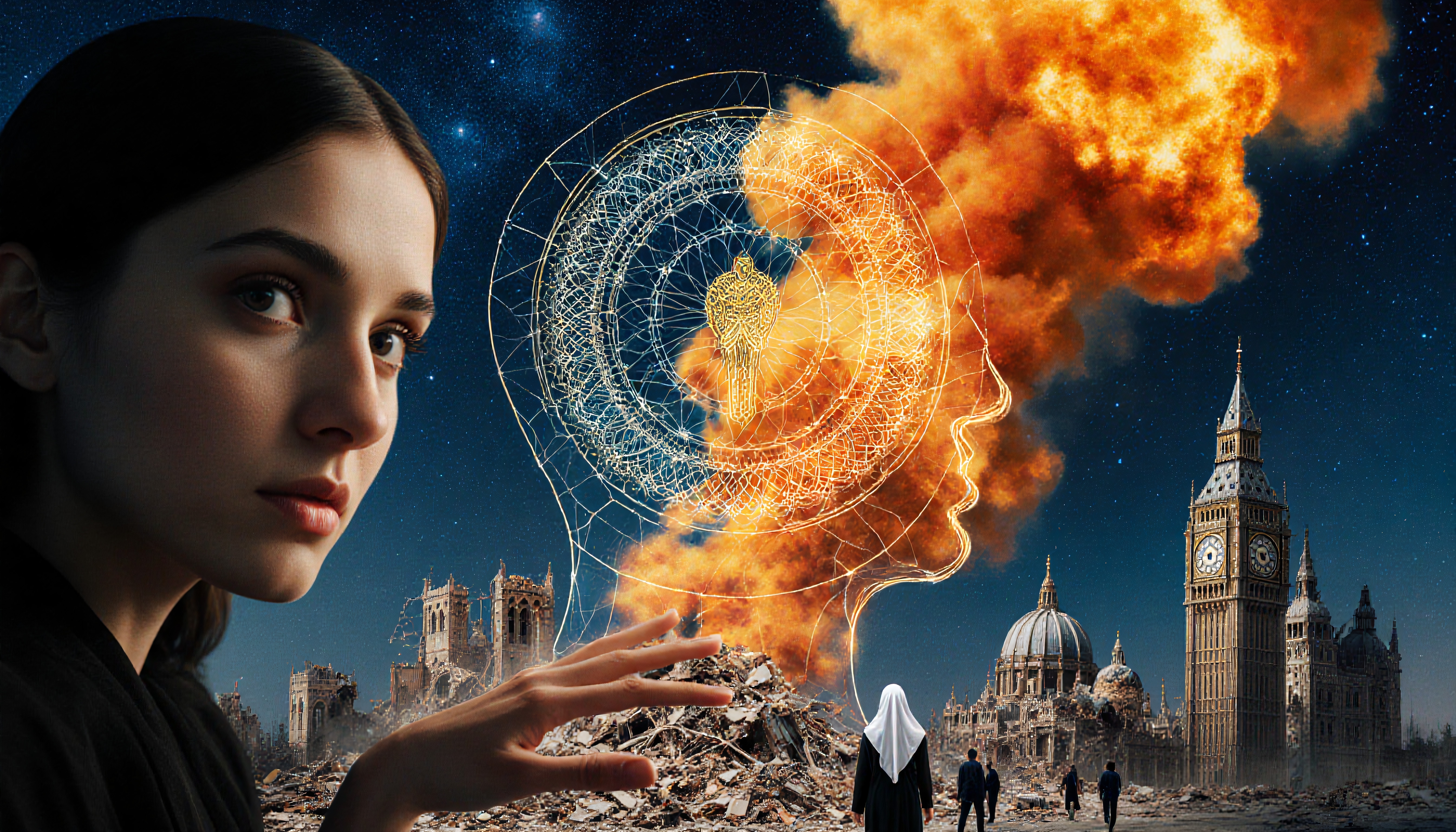 Mind vs. Destruction: Woman's Hand Reaching Fiery Brain Silhouet