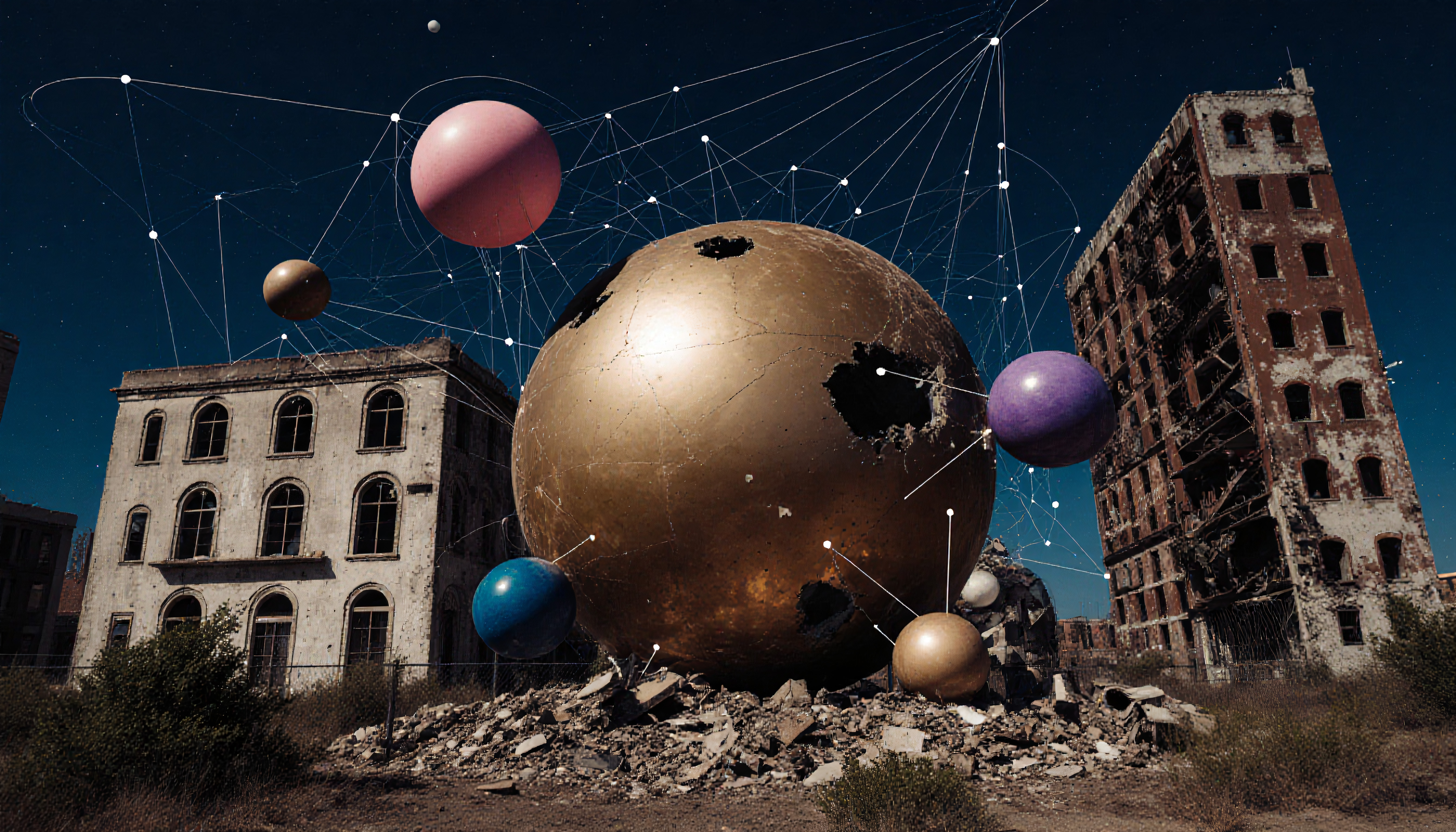 Surreal Urban Ruins with Floating Spheres and Network Lines